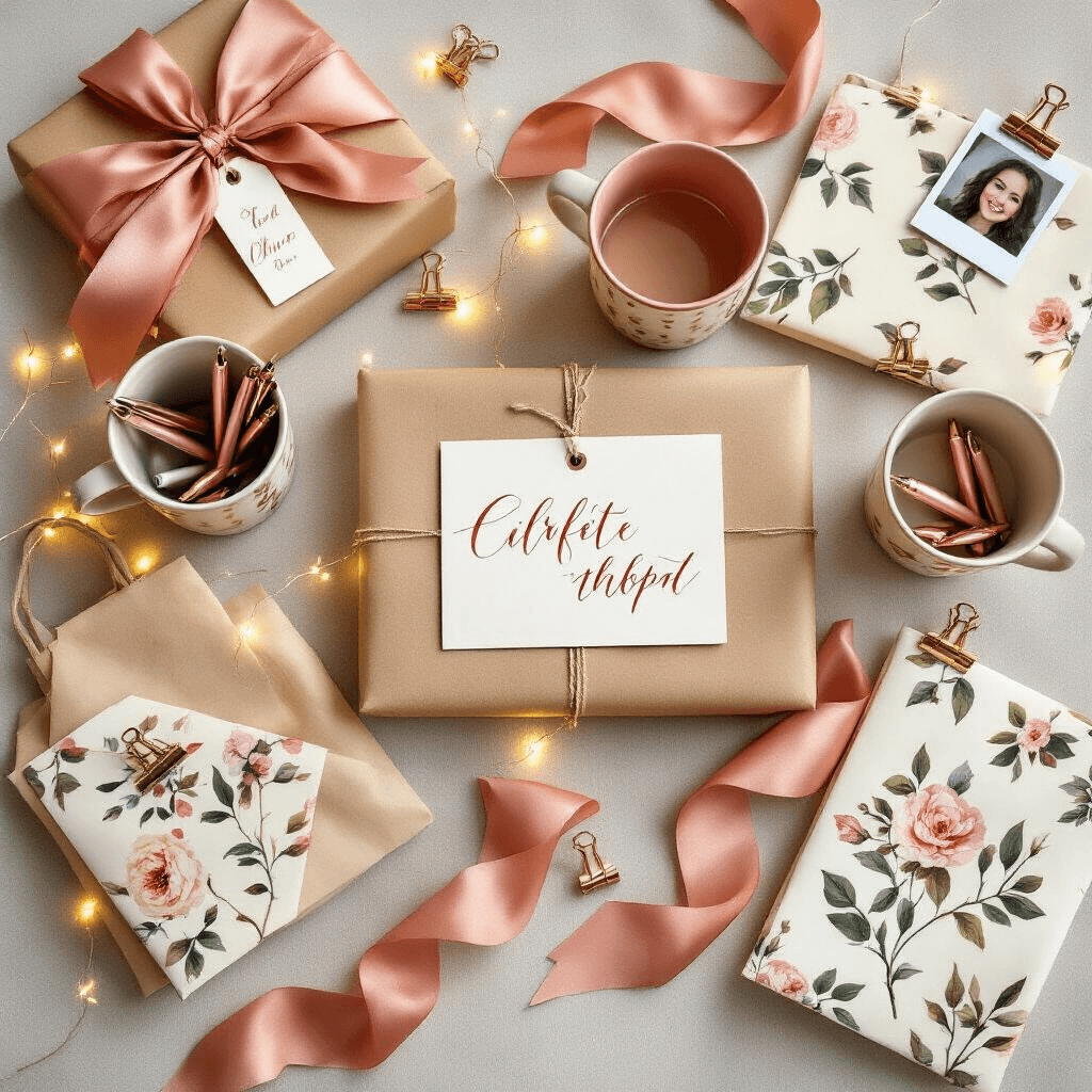 The Ultimate Christmas Gift Guide for Teenage Girls That'll Actually Make You Look Cool A beautifully arranged gift wrapping station featuring kraft paper, personalized calligraphy tags, blush and terracotta satin ribbons, fairy lights, ceramic mugs with metallic pens, polaroid photos clipped with rose gold clips, and aesthetic gift bags with botanical prints, all set in a warm, intimate atmosphere.