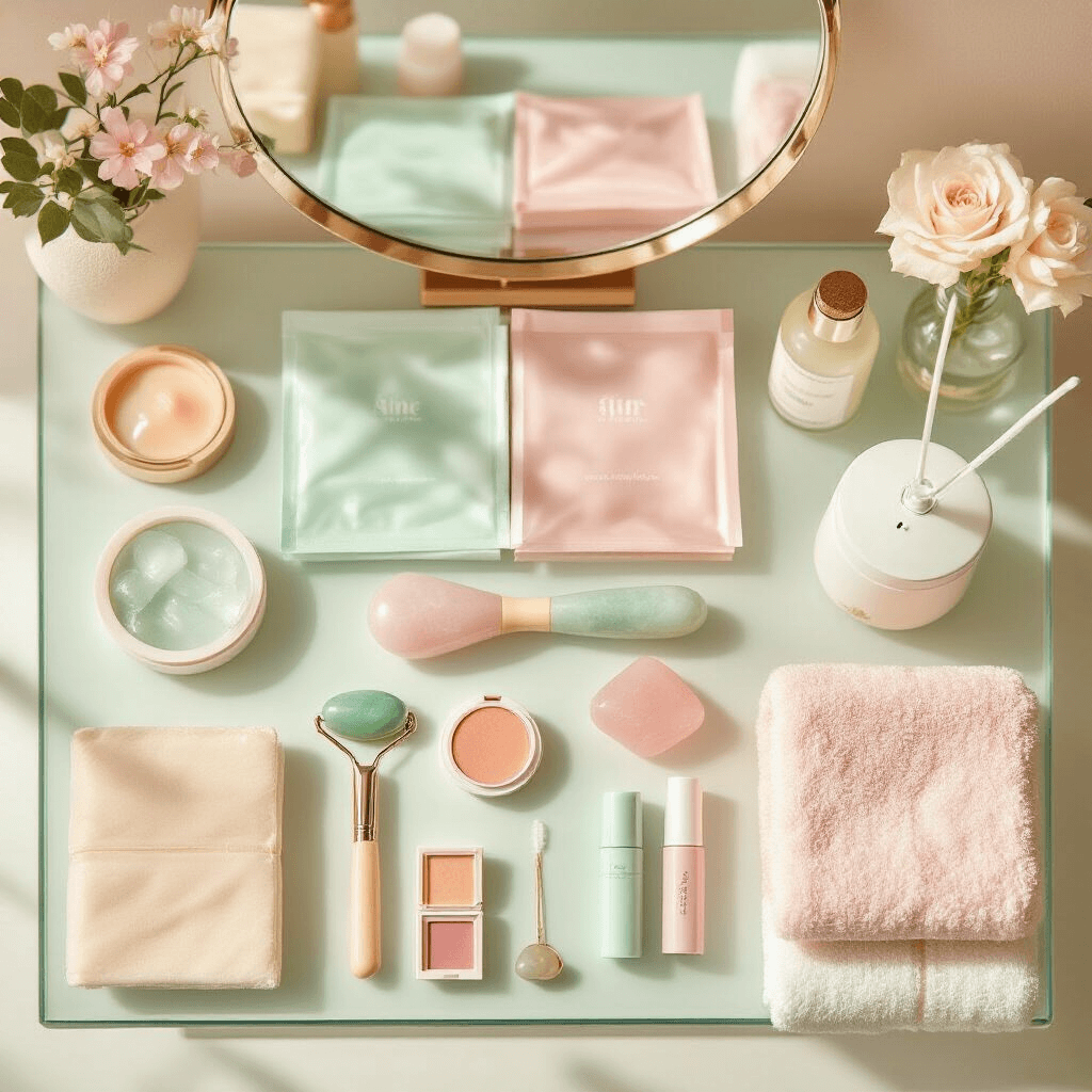 The Ultimate Christmas Gift Guide for Teenage Girls That'll Actually Make You Look Cool A minimalist skincare setup featuring a glass vanity bathed in soft morning light, showcasing pastel sheet masks, a jade roller, a rose quartz gua sha tool, tinted lip balms in a geometric arrangement, a cute compact mirror, an aesthetic diffuser with essential oils, and soft neutral towels, all reflecting a modern teen's self-care ritual.