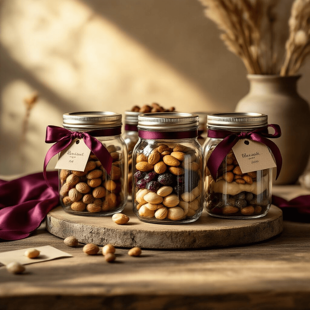 Dry Fruits Packing Ideas for Gifts That'll Actually Impress People A rustic wooden table featuring an elegant display of dry fruits in clear glass mason jars, adorned with deep burgundy silk ribbons and kraft paper labels, illuminated by soft golden hour lighting that creates gentle shadows against a matte ceramic background, showcasing a professional food styling with rich earthy tones and a textural contrast between glossy nuts and the table surface.