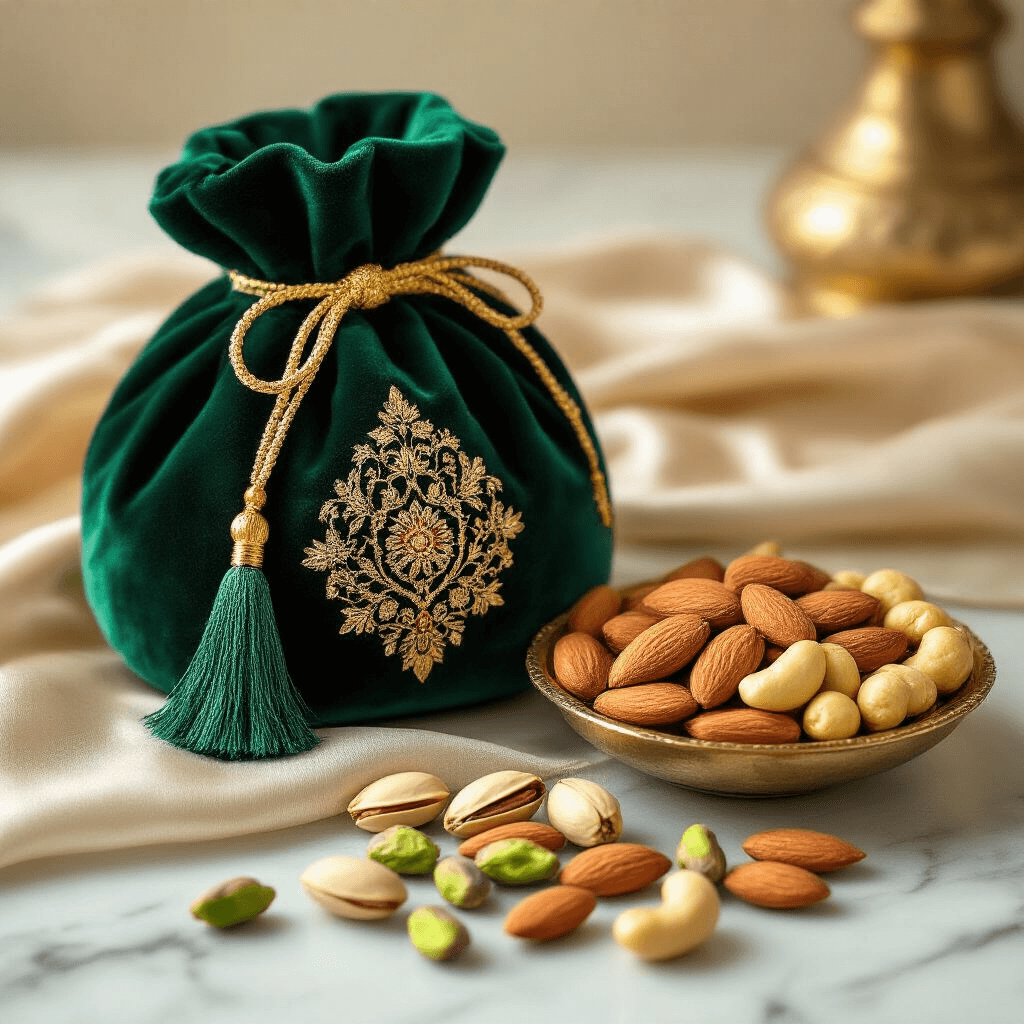 Dry Fruits Packing Ideas for Gifts That'll Actually Impress People Luxurious emerald green velvet potli bag with gold embroidery and tassel, filled with pistachios, almonds, and golden cashews, placed on a marble surface over delicate silk fabric, showcasing a blend of traditional Indian gifting and modern elegance.