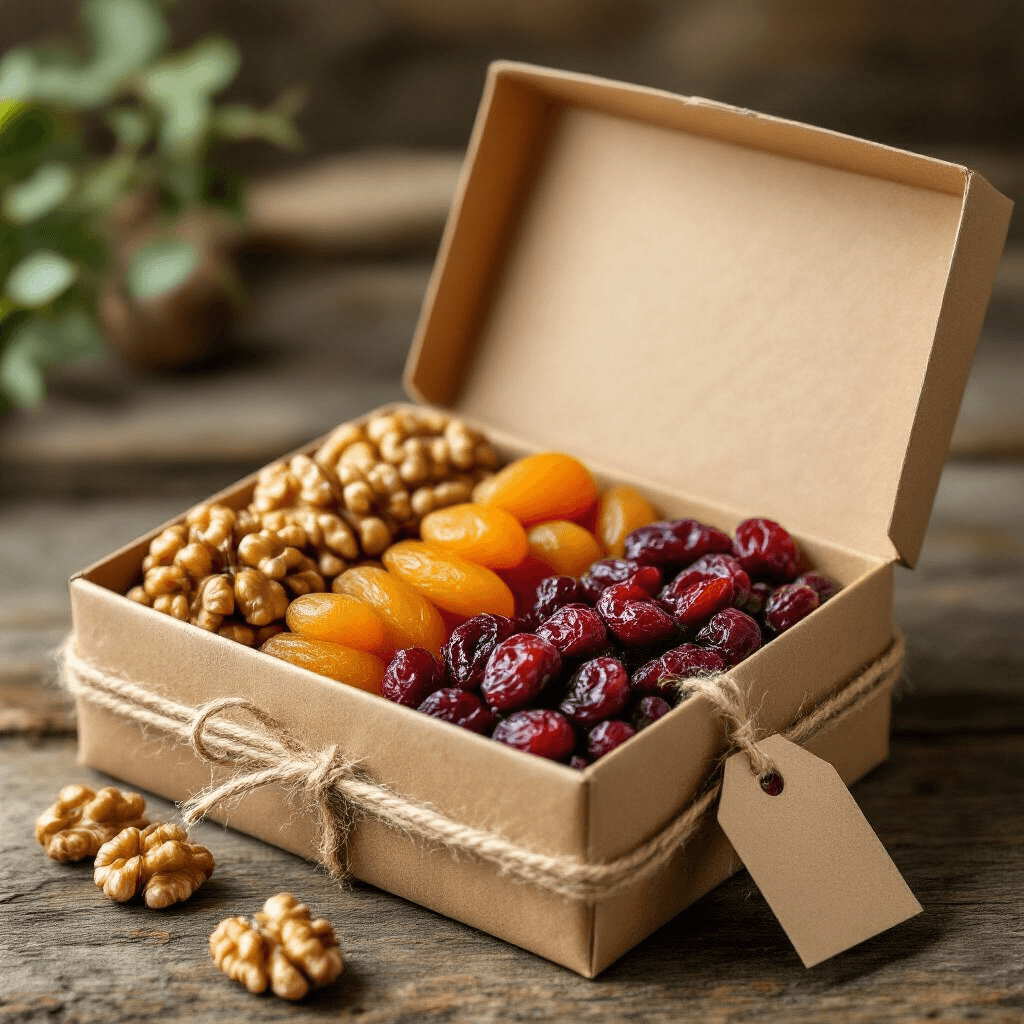 Dry Fruits Packing Ideas for Gifts That'll Actually Impress People Eco-friendly kraft paper box open to display layered dry fruits in warm autumn colors, accented by jute twine and a plantable seed paper tag, all styled on a reclaimed wooden surface in soft natural daylight.