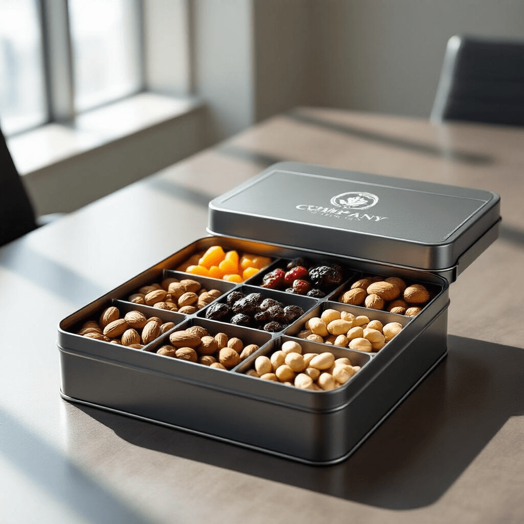 Dry Fruits Packing Ideas for Gifts That'll Actually Impress People Sleek dark grey metal tin with precision-cut compartments filled with premium nuts and dried fruits, featuring an embossed silver company logo, positioned on a polished conference room table under professional lighting.