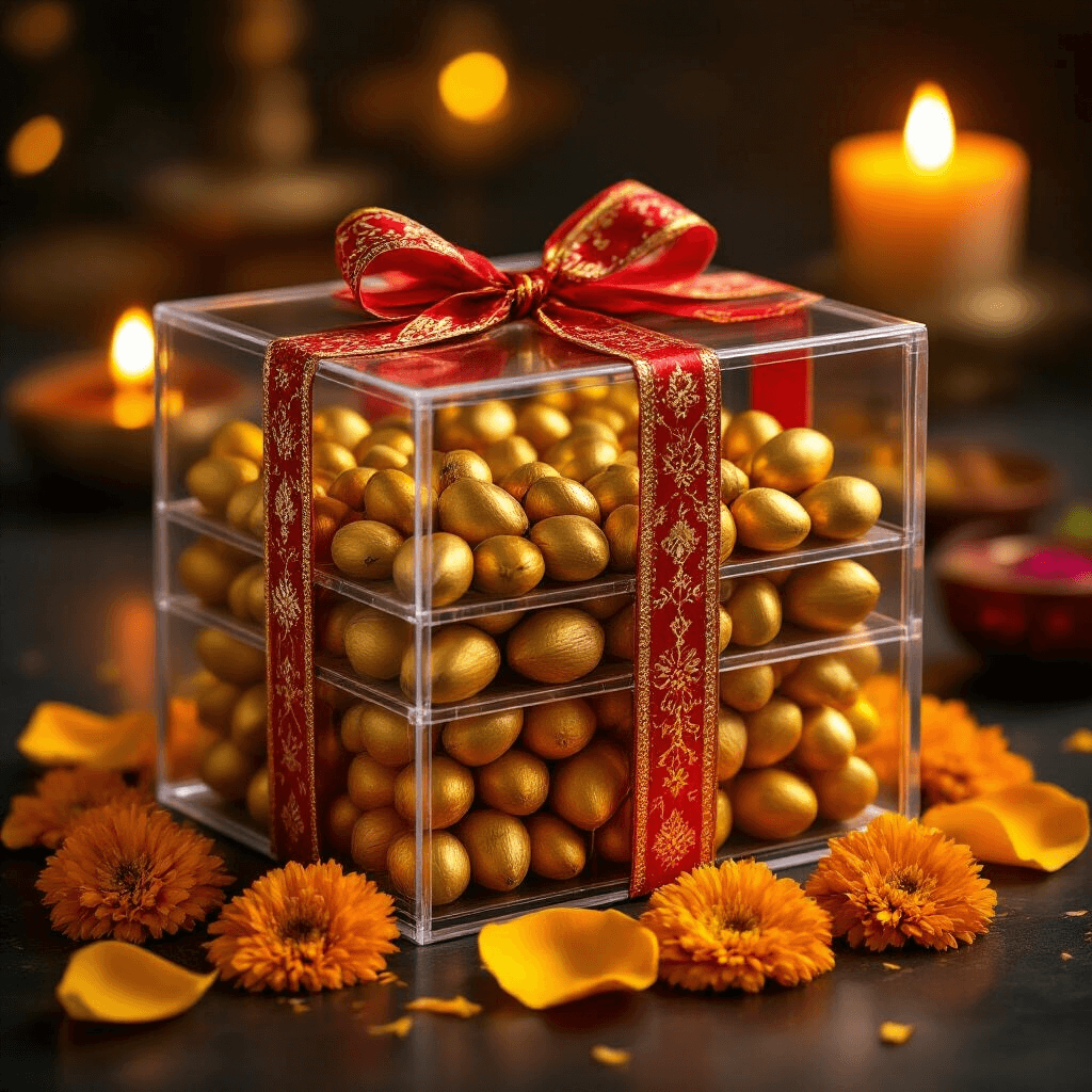 Dry Fruits Packing Ideas for Gifts That'll Actually Impress People Festive Diwali-themed gift arrangement in a transparent acrylic box with geometric sections filled with golden nuts, wrapped in red and gold ribbon, surrounded by marigold petals and illuminated by warm candlelight.