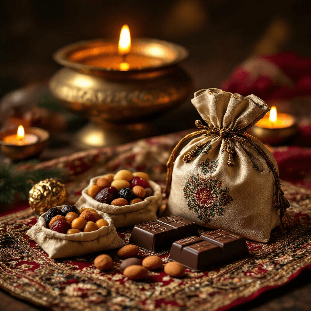 Return Gift Ideas That'll Actually Make Your Guests Happy (Not End Up in Their Junk Drawer) Aerial view of a festive potli bag gift arrangement featuring small fabric pouches filled with mixed dry fruits and chocolates, set on an embroidered silk cloth, with a traditional brass diya and warm candlelight enhancing the scene's cultural authenticity and rich textures.