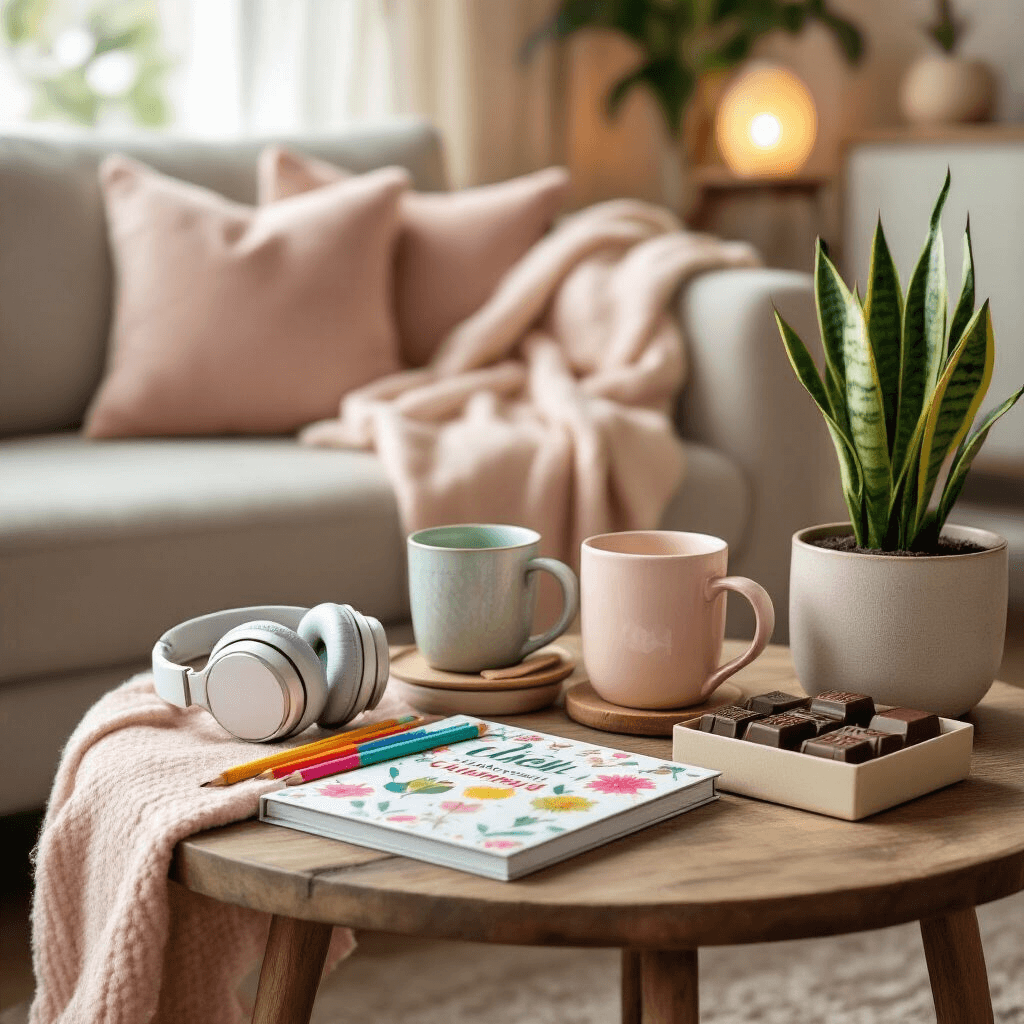 The Get-Well Gift Guide Nobody Asked For (But Everyone Needs) Intimate living room with soft lighting featuring a rustic wooden side table holding a colorful adult coloring book, premium pencils, noise-canceling headphones, artisan tea mugs, gourmet chocolate, and a potted snake plant. A plush throw blanket drapes over a modern minimalist armchair, all in a blush pink and cream color palette, evoking comfort and support for recovery.