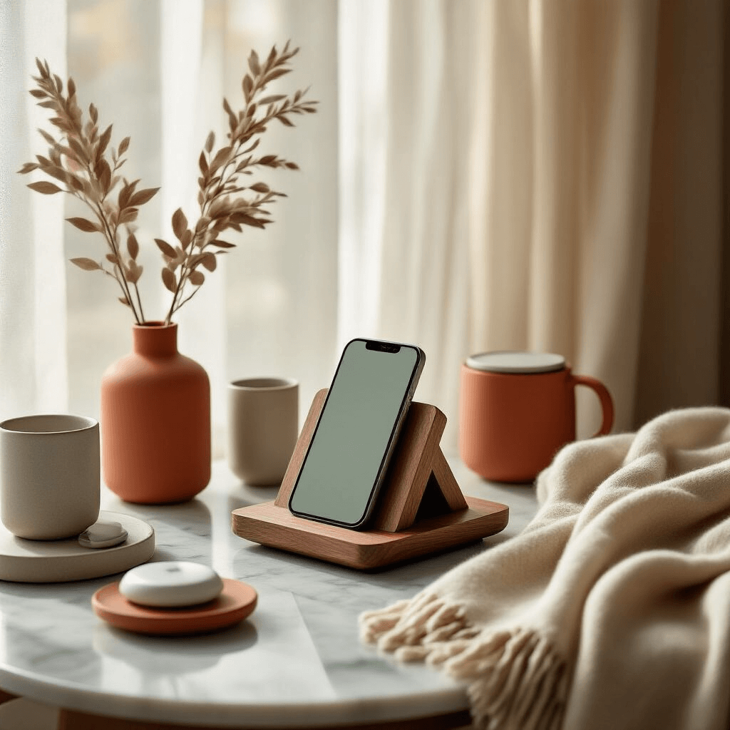 Valentine's Day Gift Ideas That Actually Show You Care (Not Just Another Candle) A cozy home tech gift scene displaying a sleek walnut phone stand on a marble countertop, surrounded by modern tech accessories in muted terracotta and sage tones, with soft morning light filtering through sheer linen curtains and a cashmere throw blanket artfully draped.