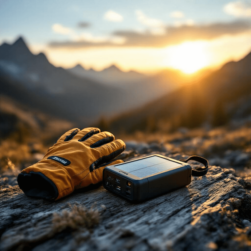 Valentine's Day Gift Ideas That Actually Show You Care (Not Just Another Candle) An outdoor adventurer's gift moment featuring a solar power bank and reflective gloves on a weathered wooden surface, with mountainous terrain in the background illuminated by golden hour lighting, highlighting the functionality and design of the technical gear in a cinematic wide-angle composition.