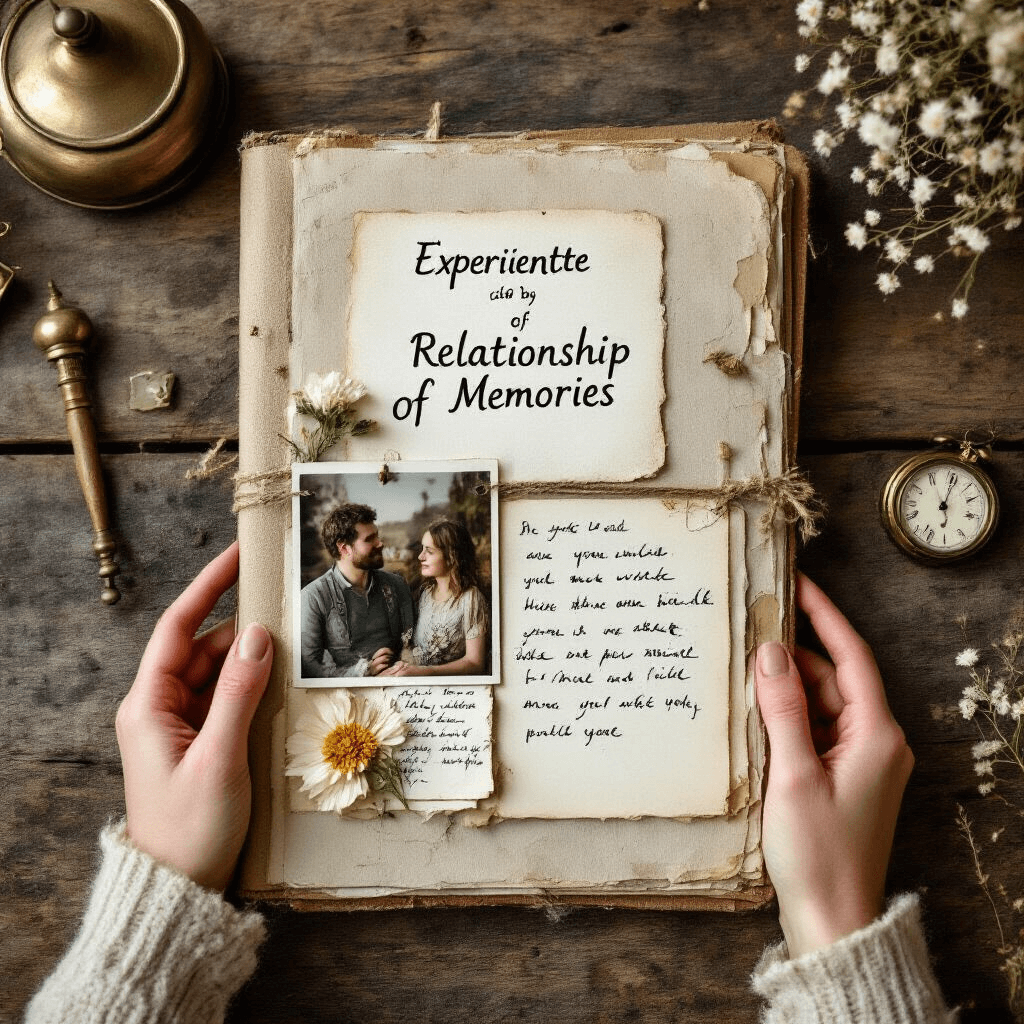 Valentine's Day Gift Ideas That Actually Show You Care (Not Just Another Candle) A handcrafted scrapbook of relationship memories displayed on a rustic wooden table, surrounded by vintage brass accessories, illuminated by soft natural daylight, with personal photographs, handwritten notes, and delicate dried flowers arranged artistically in a flat lay composition.