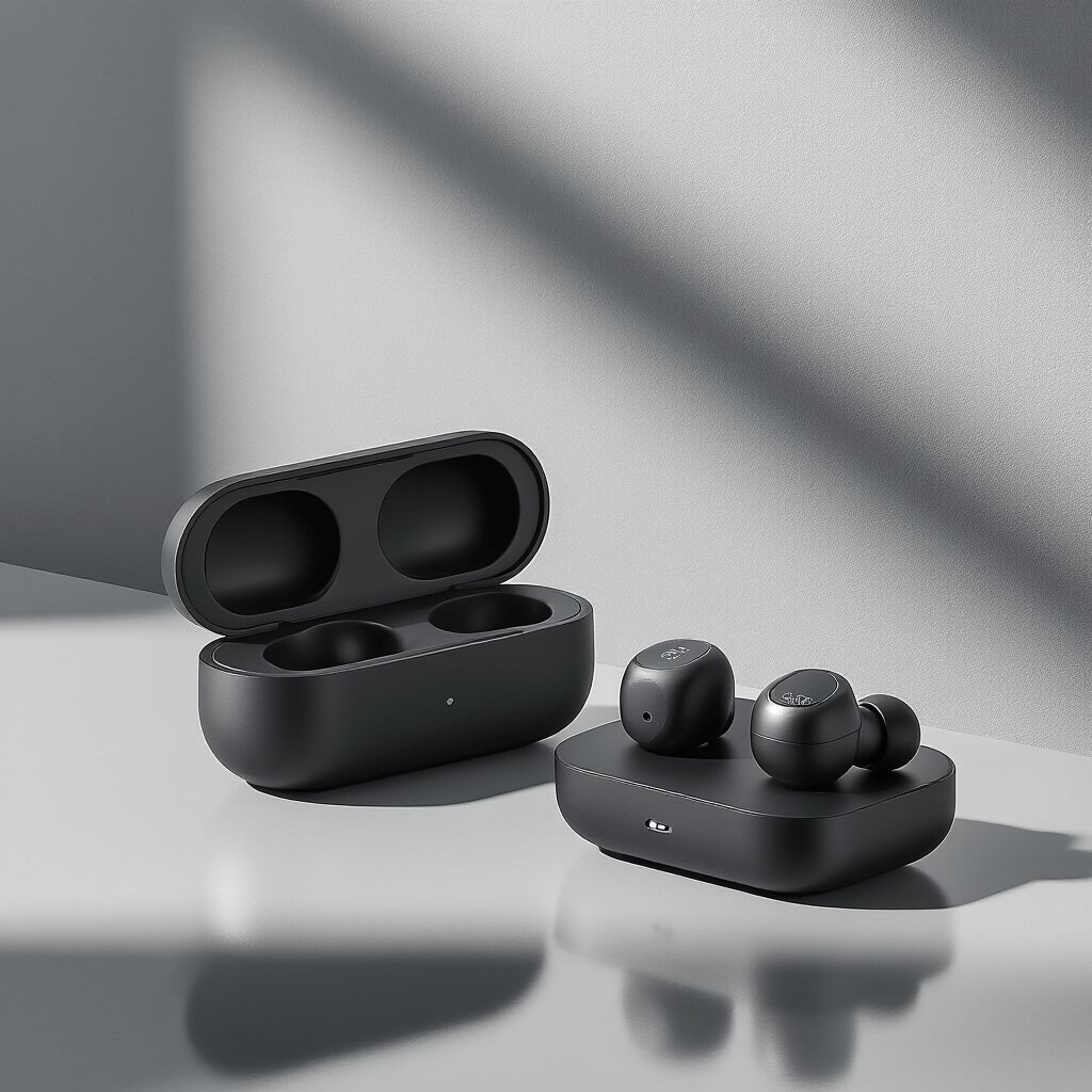 Birthday Gift Ideas That'll Actually Make Someone's Day (Not End Up in a Drawer) A sleek minimalist product display featuring matte black wireless earbuds and a contemporary charging dock against an abstract geometric background in soft grays, with precise lighting and reflective surfaces enhancing depth.