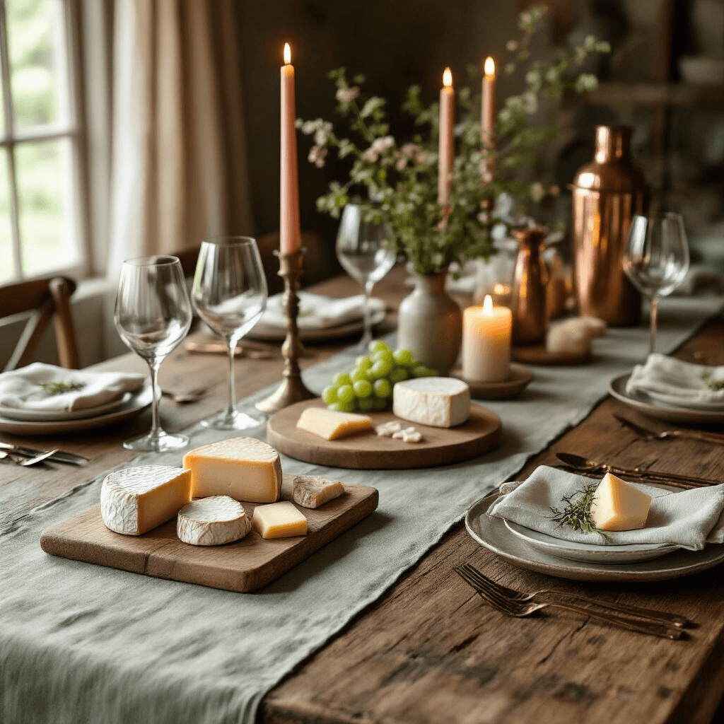 The Hostess Gift Dilemma: What Actually Makes Your Host Happy (Without Breaking the Bank) A rustic wooden dining table elegantly set for a dinner party with a sage green linen table runner, artisan ceramic serving boards featuring curated cheese selections, soft candlelight from dusty rose beeswax candles, and golden hour sunlight filtering through linen curtains, complemented by a polished copper cocktail shaker and stemless wine glasses, all styled with natural textures and a neutral color palette in an overhead view.