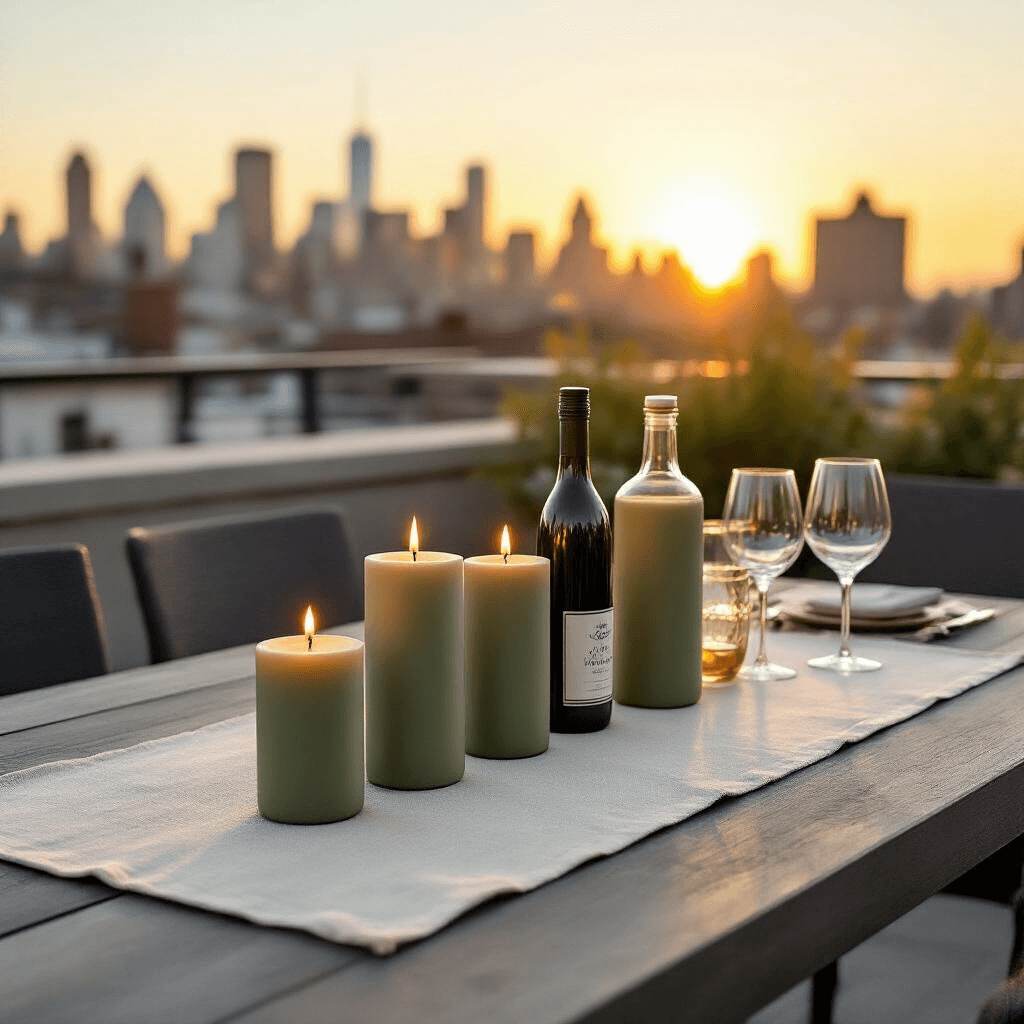 The Hostess Gift Dilemma: What Actually Makes Your Host Happy (Without Breaking the Bank) A rooftop terrace set for entertaining, featuring sage and charcoal taper candles, a hand-blocked white table runner, artisan olive oil and balsamic vinegar bottles, unique glassware, and a city skyline in soft focus during golden hour lighting, creating a sophisticated yet approachable gathering space.