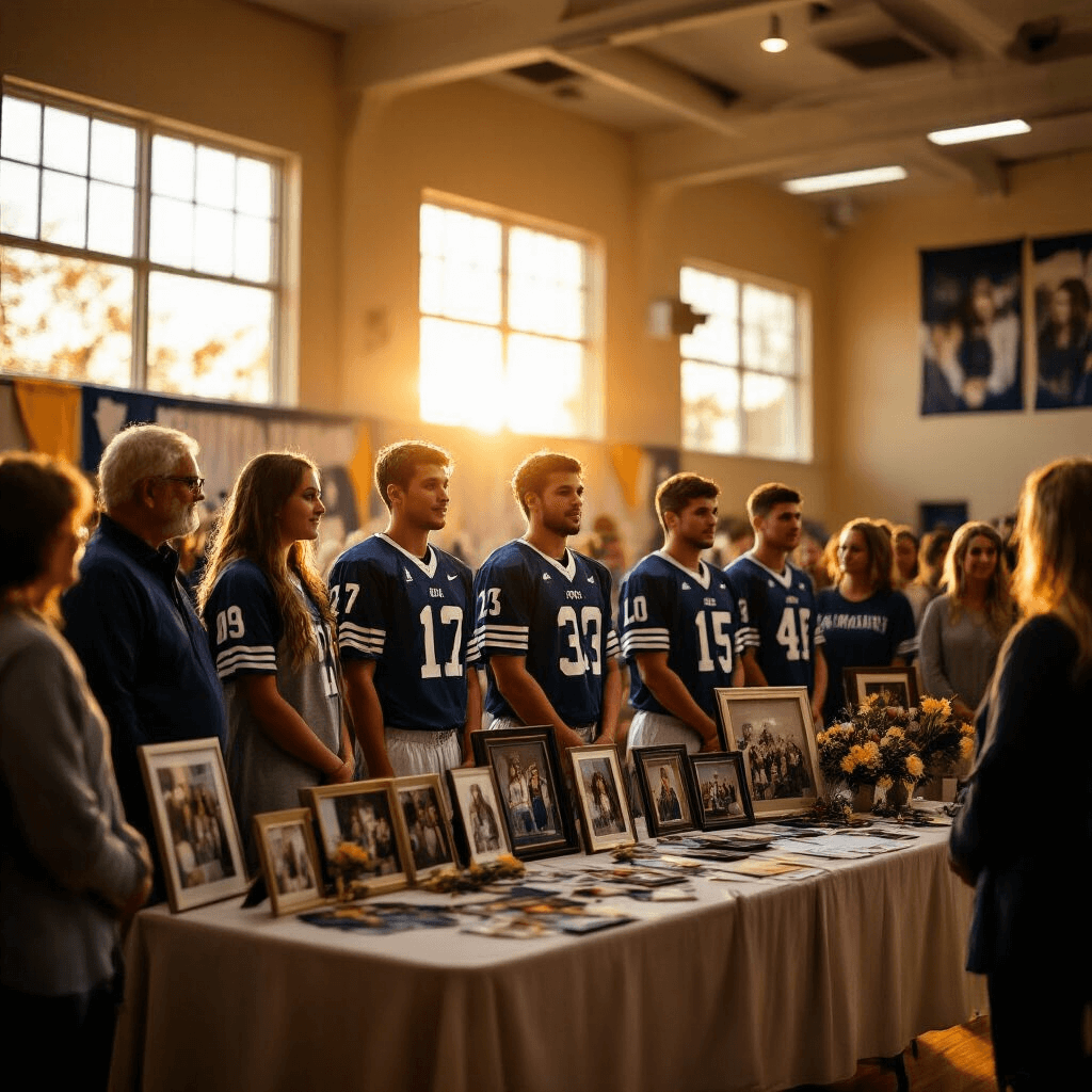 Senior Night Gift Ideas That'll Make Your Athletes Feel Like Champions A wide-angle view of a senior night ceremony in a warmly lit gymnasium, showcasing athletes in personalized jerseys, golden light from high windows, a styled presentation area with team colors and memory displays, surrounded by emotional parents and teammates.