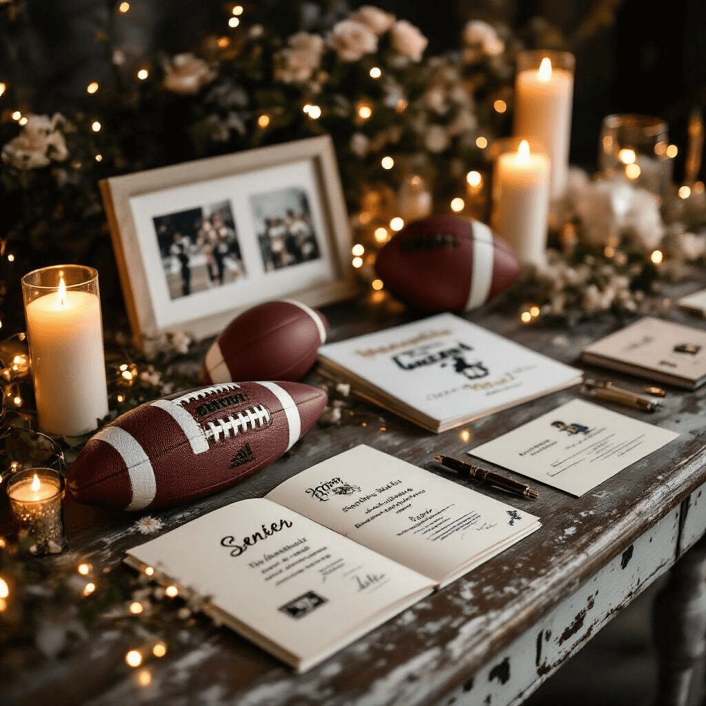 Senior Night Gift Ideas That'll Make Your Athletes Feel Like Champions An intimate evening scene showcasing a beautifully arranged table for a senior night gift presentation, featuring personalized sports equipment, memory books, and heartfelt certificates, all illuminated by soft candlelight and fairy lights, creating a moody atmosphere with blush, ivory, and gold accents.