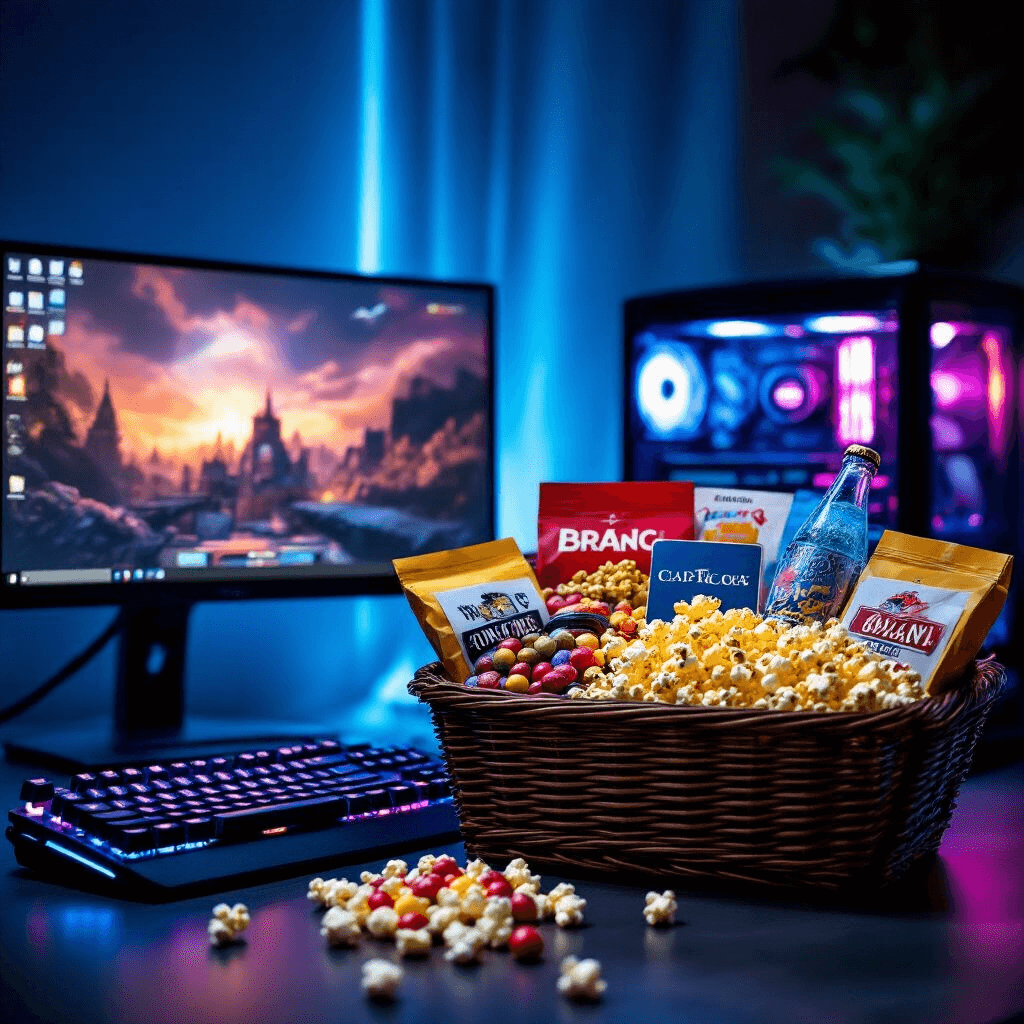 The Guy's Guide to Gift Baskets That Don't Suck: Real Ideas Men Actually Want A modern minimalist gaming setup featuring an entertainment and gaming gift basket filled with theater-style candies, craft sodas, and gourmet popcorn kernels, alongside a streaming service gift card, with dramatic side lighting enhancing product textures against a sleek black and electric blue backdrop.