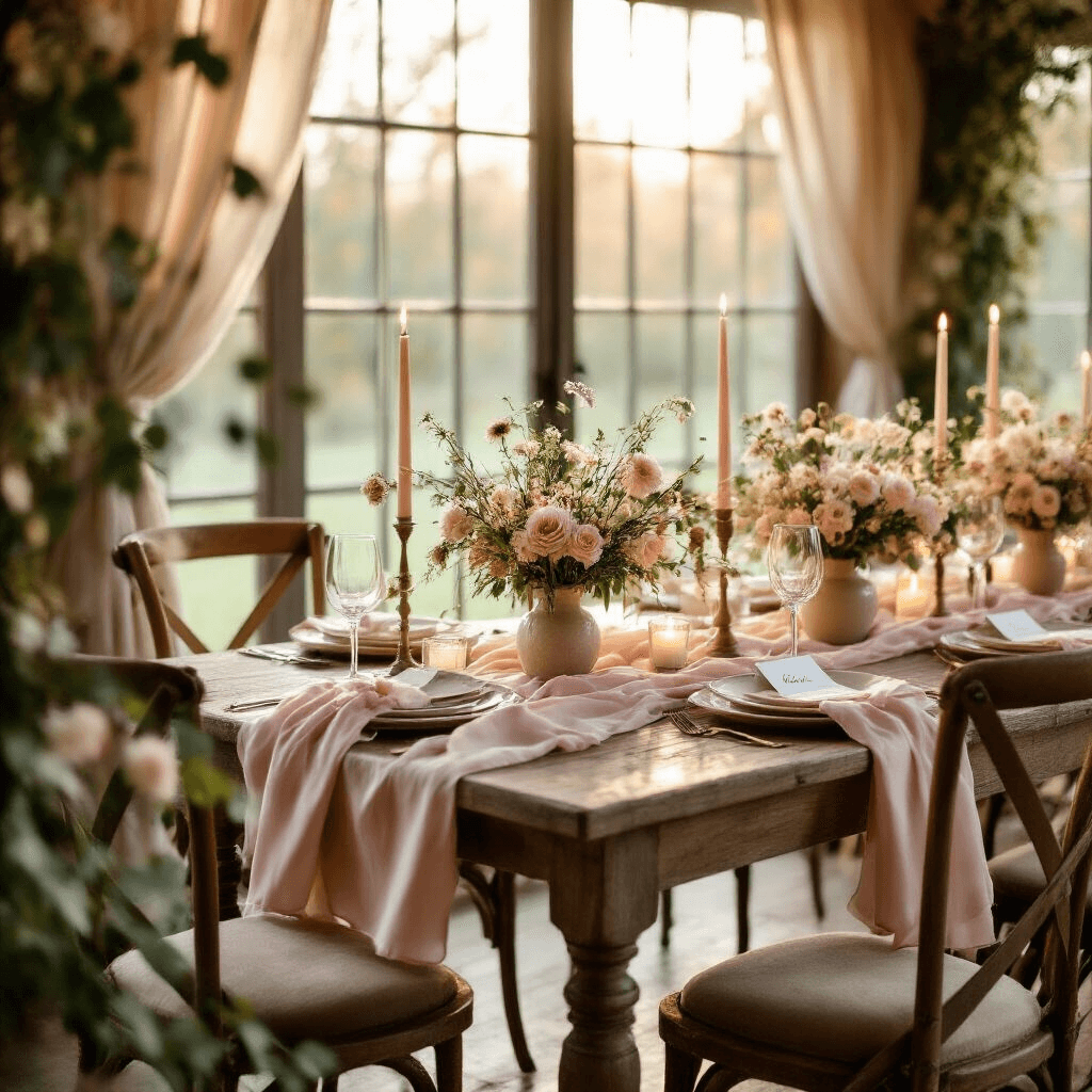 The Gift-Giving Struggle Is Real: Let Me Help You Find Something Your Friend Will Actually Love Intimate dining setting at golden hour featuring a rustic wooden farmhouse table with blush pink and cream silk linens, delicate wildflower centerpieces, soft candlelight, personalized place cards, vintage mismatched chairs, sheer drapery, and greenery, all creating an elegant yet cozy atmosphere.