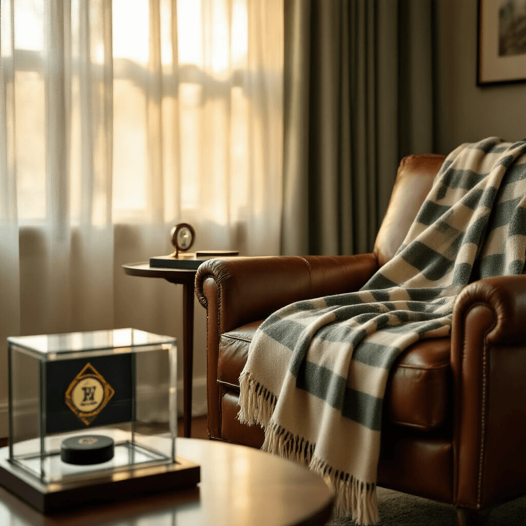 Stanley Cup Gift Ideas That'll Score Big With Hockey Fans An intimate living room featuring a championship hockey throw blanket draped over a mid-century modern leather armchair, a side table with a crystal display case holding an authenticated game puck, and soft golden hour sunlight filtering through sheer linen curtains, all in a muted sage green and cream color palette.