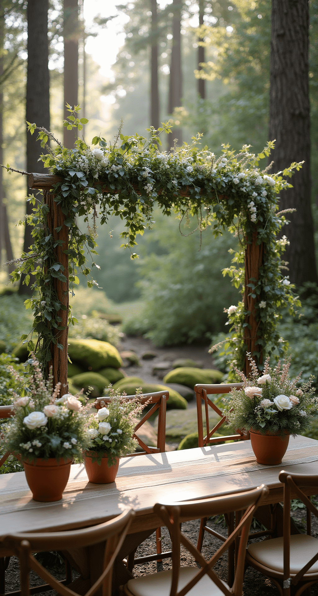 Complete Wedding Decoration: Transform Your Venue Into a Personalized Dream Rustic woodland wedding ceremony with a handcrafted floral arch of wooden branches, lush greenery, and white roses, surrounded by sunlight-dappled trees, terracotta planters with wildflowers, natural linen table runners, cascading garlands, moss-covered ground, and wooden cross-back chairs.