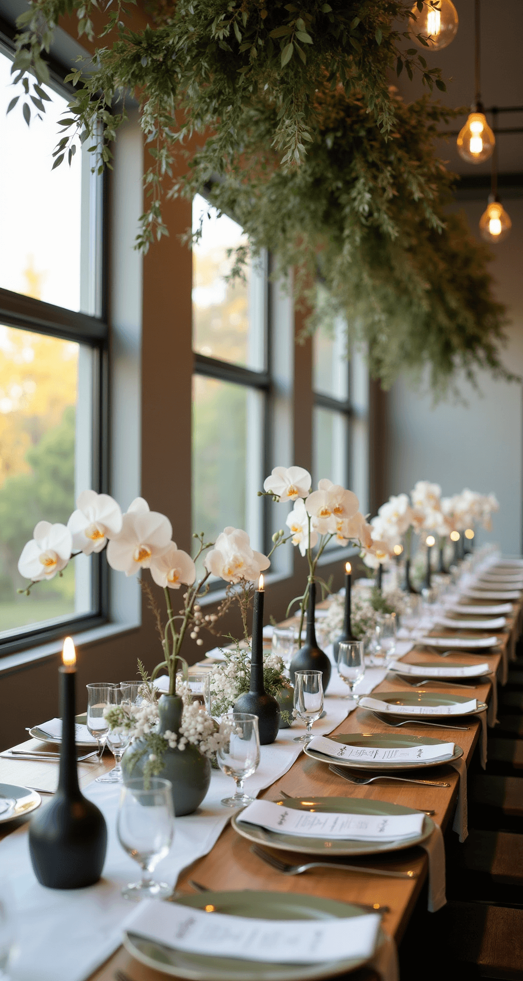 Complete Wedding Decoration: Transform Your Venue Into a Personalized Dream A modern minimalist wedding reception featuring long contemporary farm tables adorned with sleek black taper candles, simple ceramic vases with single stem white orchids, and suspended geometric flower installations. The clean white and sage green color palette is complemented by industrial concrete flooring and floor-to-ceiling windows showcasing warm golden hour light. Minimalist place settings include laser-cut name cards and olive green linen napkins.