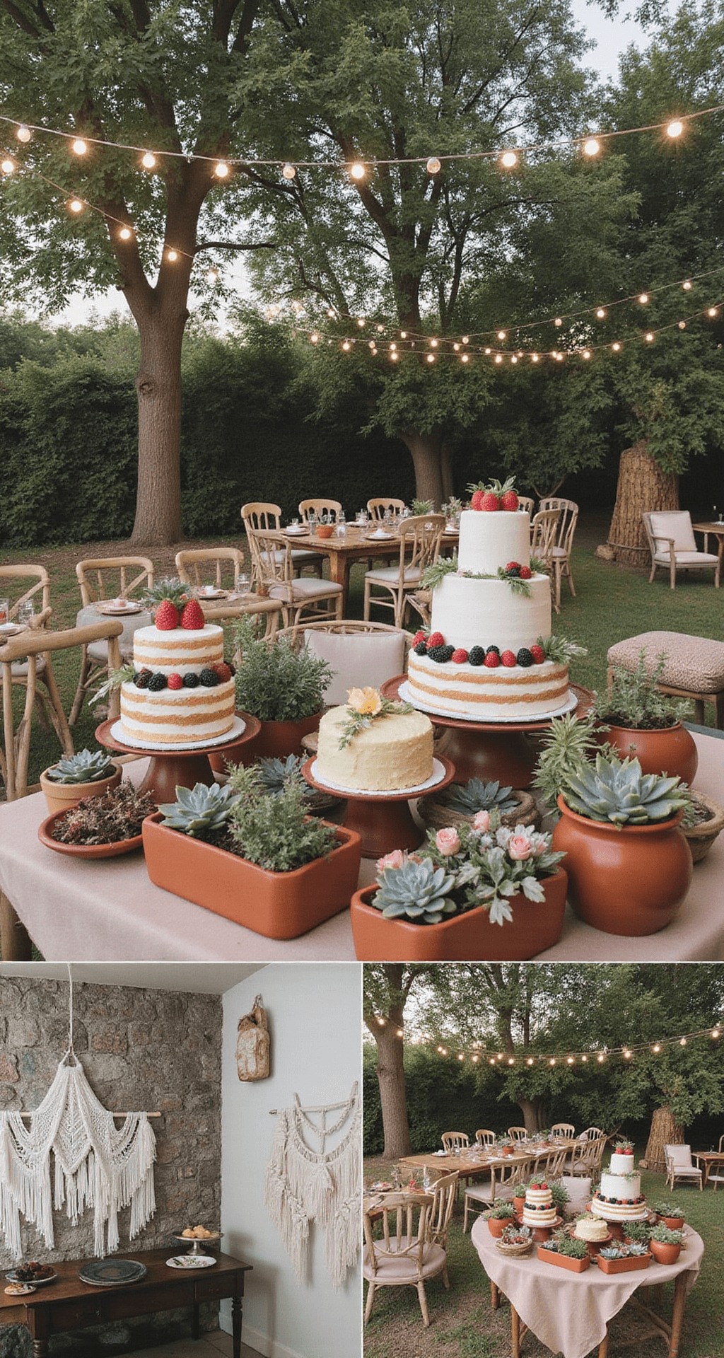 Complete Wedding Decoration: Transform Your Venue Into a Personalized Dream A charming bohemian outdoor garden wedding scene featuring an eclectic dessert table with naked cakes and fresh fruit, surrounded by terracotta planters and macramé hangings, under a canopy of string lights, with vintage chairs, low wooden tables, and floor cushions, all set in soft evening light.
