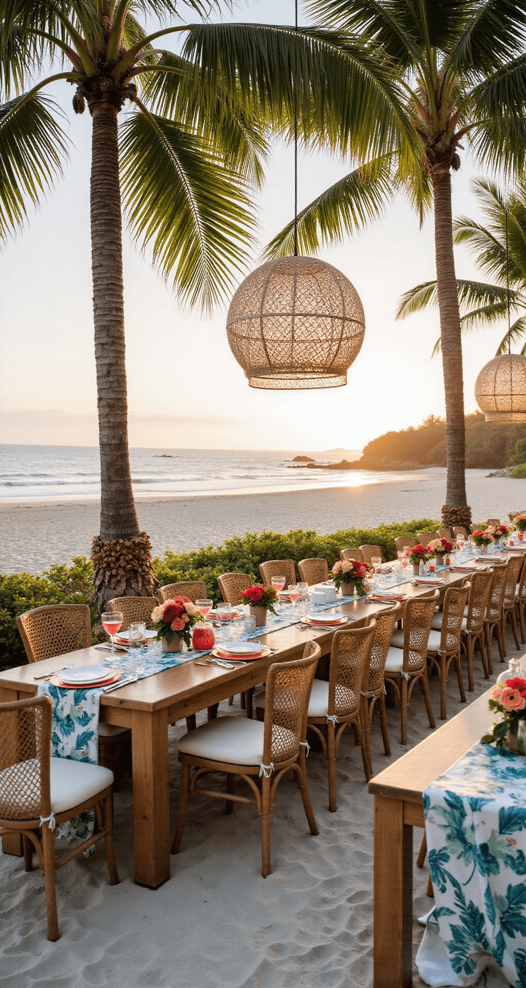 Complete Wedding Decoration: Transform Your Venue Into a Personalized Dream Tropical beachfront wedding reception featuring woven white lanterns in palm trees, blue and coral decor, long communal tables with botanical print runners, fresh tropical flower centerpieces, rattan chairs, and a cocktail bar adorned with dehydrated fruit garlands, all illuminated by warm sunset light.