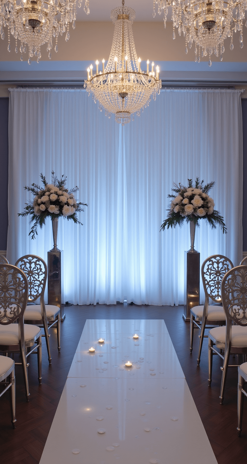 Complete Wedding Decoration: Transform Your Venue Into a Personalized Dream A winter wonderland wedding ceremony featuring crystal chandeliers, a white draped backdrop, silver and ice blue colors, mirrored pedestals with floating candles, intricate snowflake details on chairs, white fur throws, and elegant white rose and pine centerpieces under dramatic lighting.