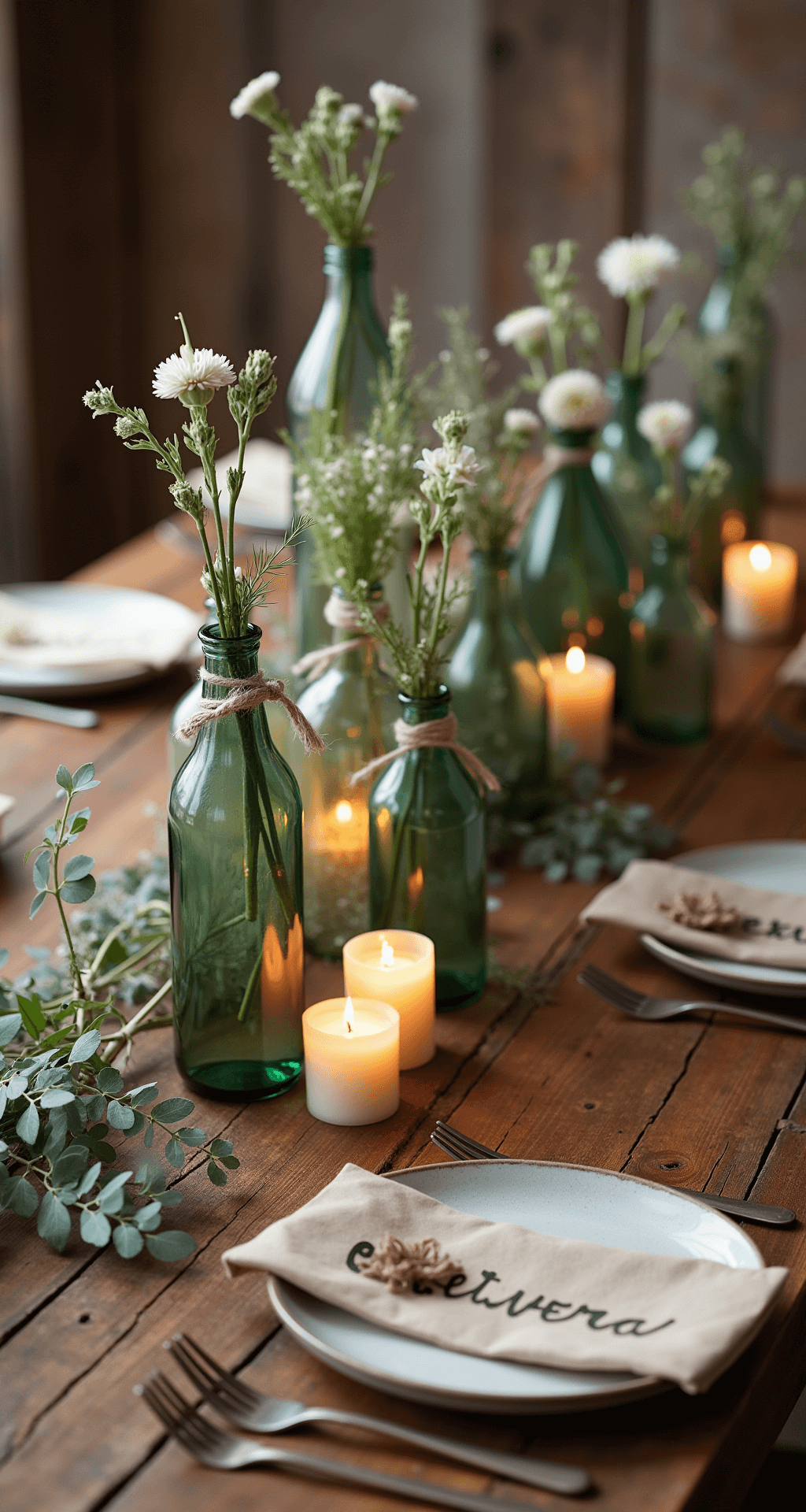 Minimalist Wedding Table Decor: Creating Elegant Simplicity That Steals the Show A rustic farmhouse wedding table with a weathered wooden surface, adorned with vintage glass bottles filled with wildflowers, scattered tea light candles, hand-calligraphed kraft paper place cards, natural linen napkins tied with twine, all illuminated by soft morning light in a warm terracotta and sage color palette.