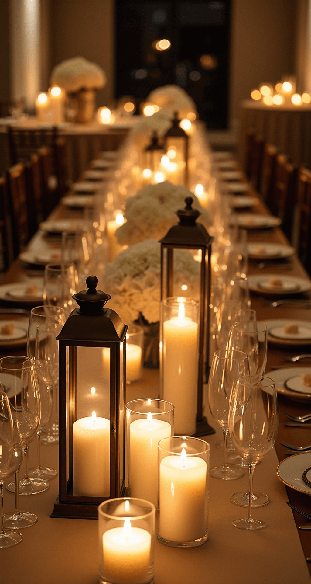 Timeless Wedding Decor: Elegant Elements That Never Go Out of Style Romantic reception space illuminated by warm golden hour light and flickering tapered candles in antique bronze candlesticks, enhanced by hurricane lanterns and floating candles in frosted glass bowls, surrounded by elegant white floral arrangements.