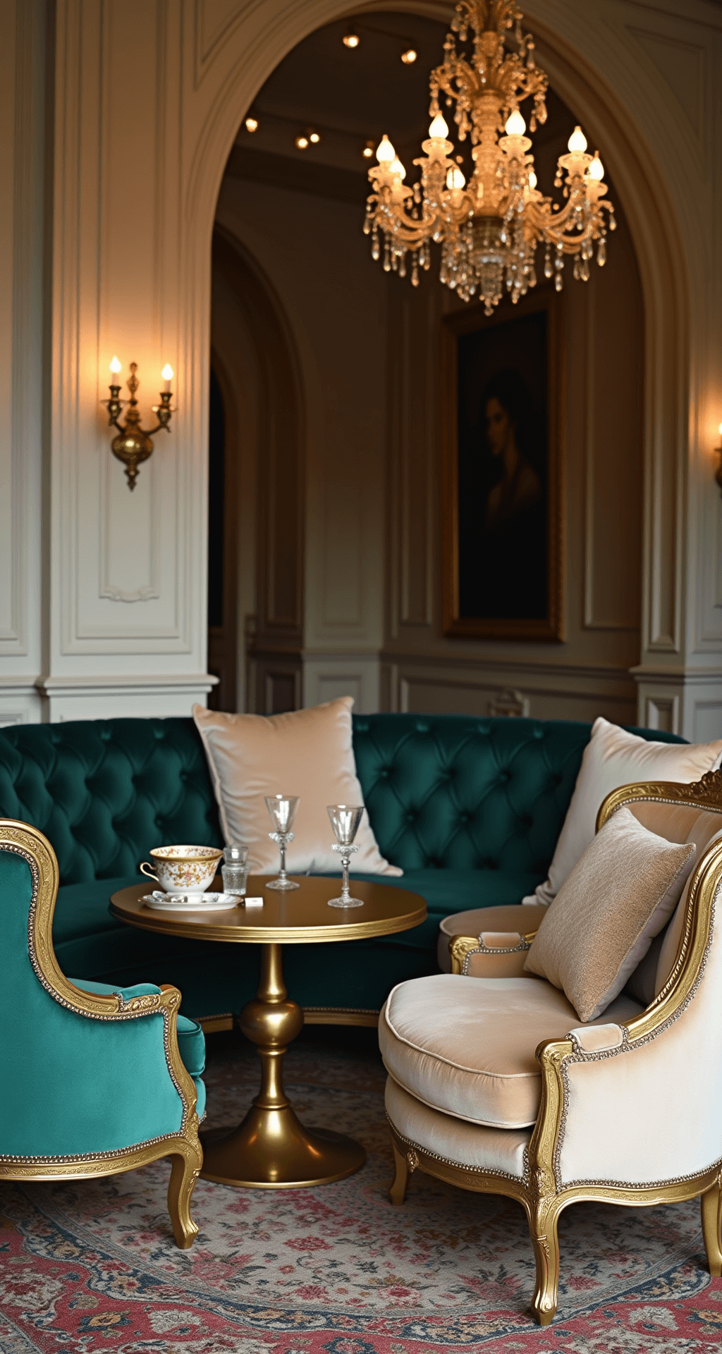 Timeless Wedding Decor: Elegant Elements That Never Go Out of Style A vintage-inspired lounge area featuring velvet armchairs in champagne and emerald, an antique brass coffee table, embroidered throw pillows, a Persian rug, string lights, and crystal candelabras for warm illumination.