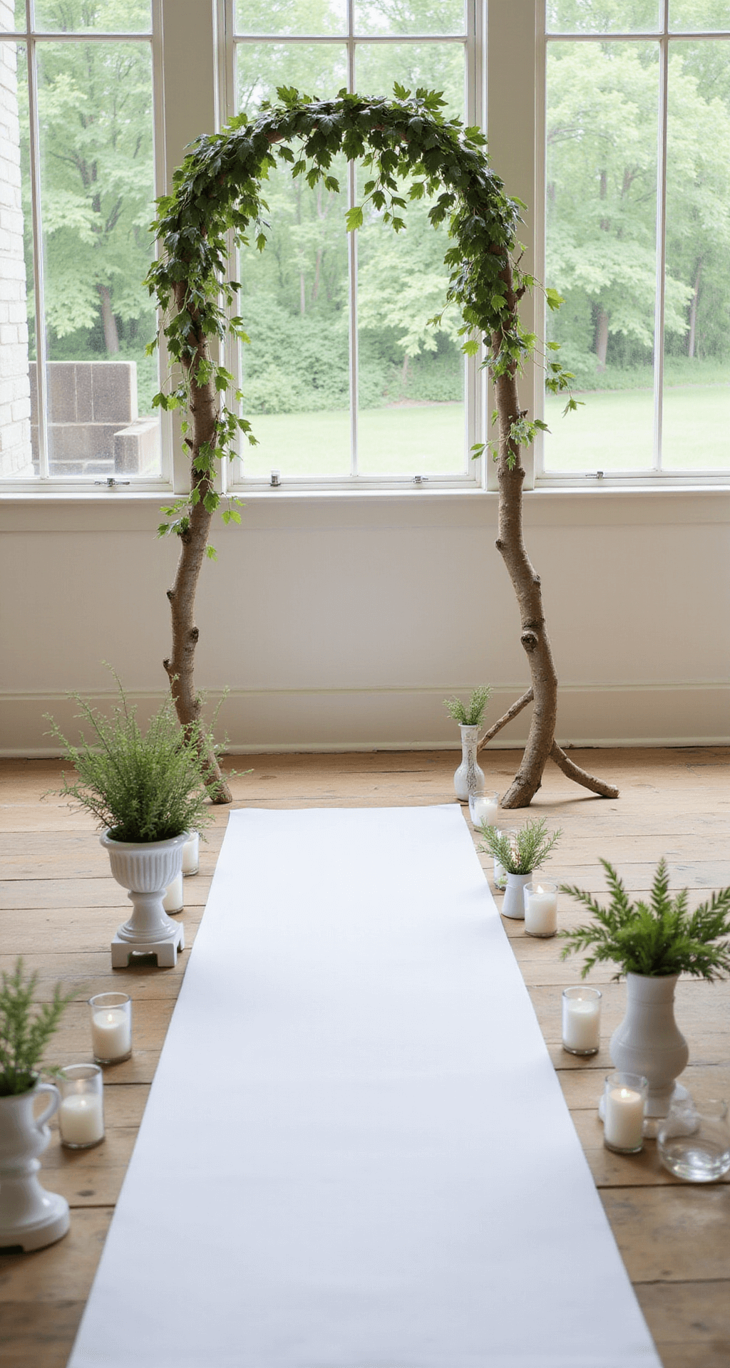 How to Master Simple Wedding Decor Without Sacrificing Elegance An intimate ceremony setup with a birch branch arch adorned with ivy, large windows allowing natural light, small potted herbs, white ceramic candle holders, and a clean white runner, all in soft sage green and cream tones on a natural wood floor.