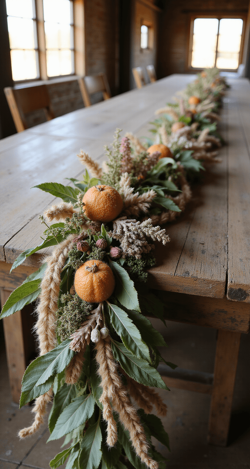 How to Use Wedding Garlands to Create Stunning Ceremony and Reception Décor A close-up of a rustic barn wedding sweetheart table featuring a textured garland of wildflowers, dried pampas grass, and greenery, with macramé elements and jute twine, illuminated by warm sunlight streaming through barn windows, showcasing intricate layers and textures.