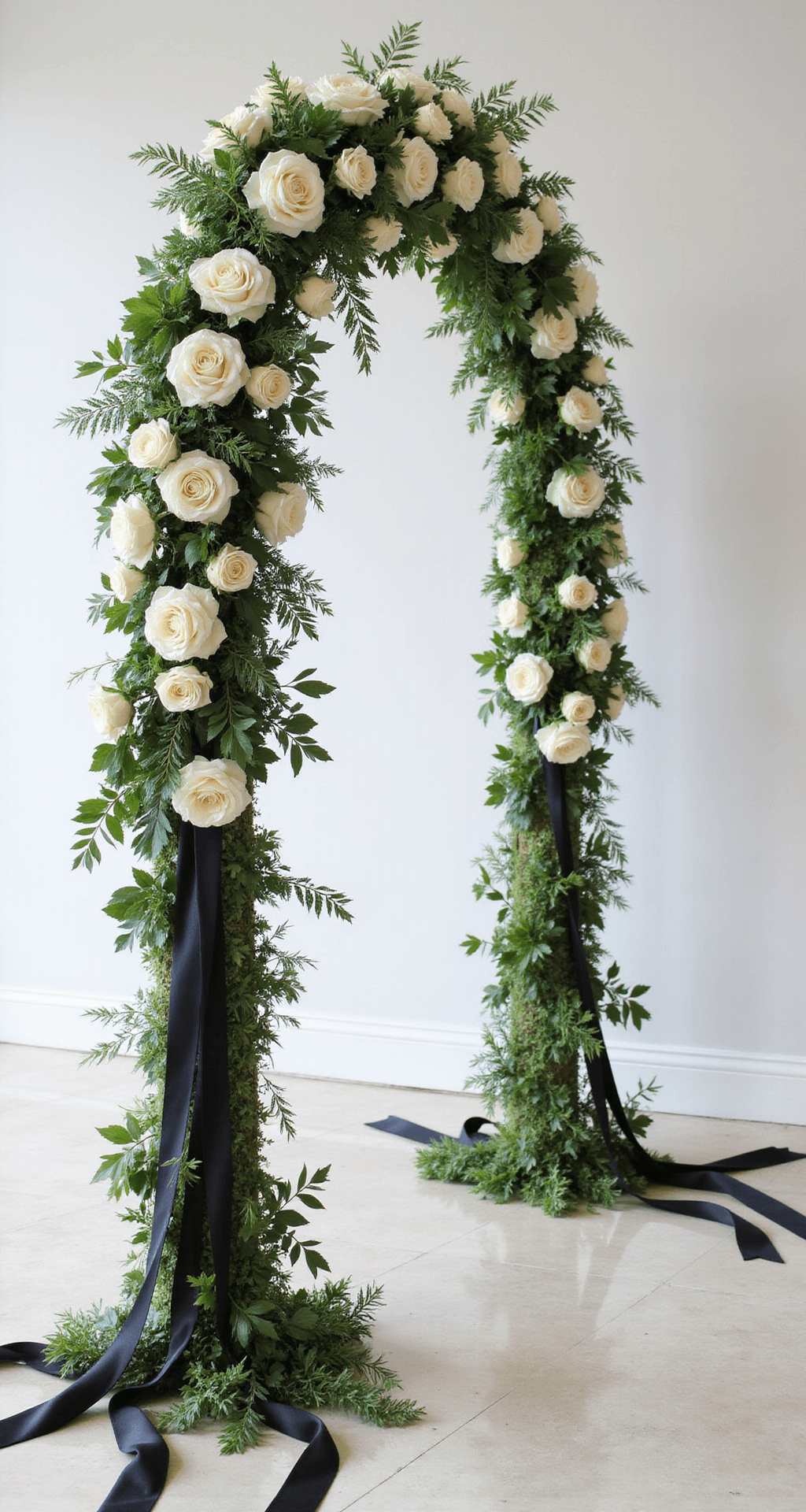 How to Use Wedding Garlands to Create Stunning Ceremony and Reception Décor An elegant black-tie wedding arch adorned with a floral garland of white roses and green foliage, accented by black silk ribbons, reflected on a marble floor under crisp lighting against a minimalist white backdrop.
