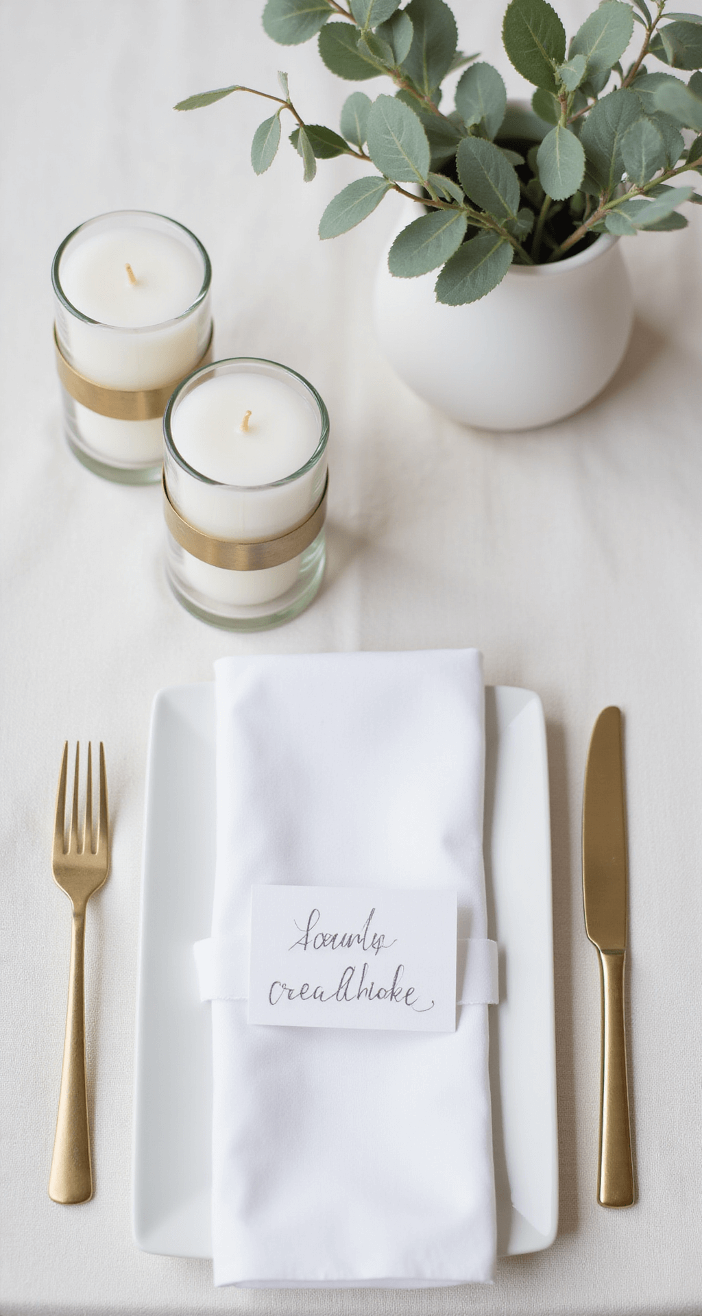 The Complete Guide to Minimalist Wedding Decor: Creating Elegance Through Simplicity A minimalist wedding tablescape featuring an ivory linen tablecloth, white pillar candles in clear glass cylinders, a pale eucalyptus arrangement in a matte white vase, brass napkin rings, folded white linen napkins, and hand-lettered white cardstock place cards.