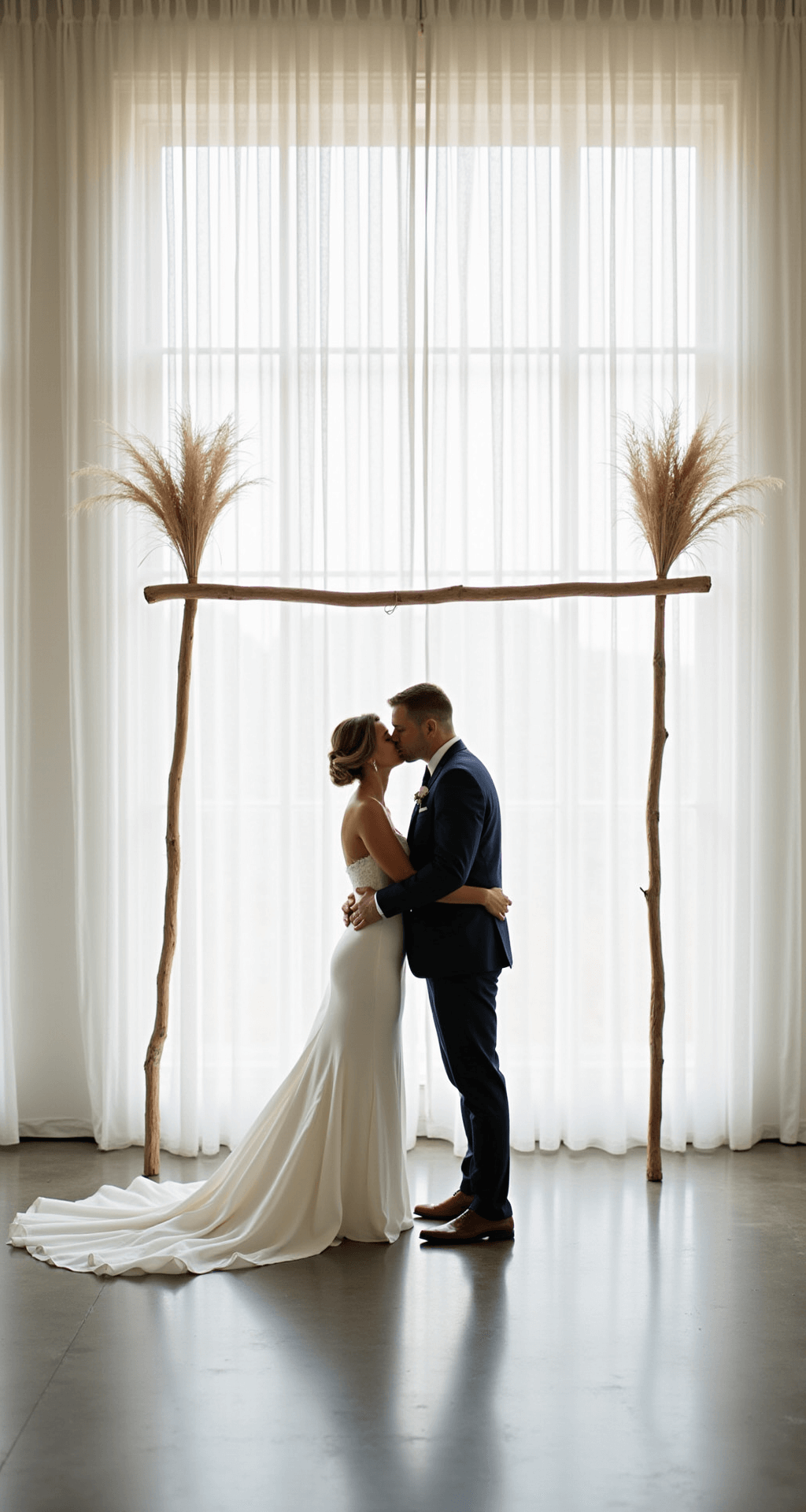The Complete Guide to Minimalist Wedding Decor: Creating Elegance Through Simplicity An intimate wedding ceremony with a suspended white wooden arch adorned with pampas grass, featuring a bride and groom on polished concrete floors, illuminated by soft morning light through sheer curtains.