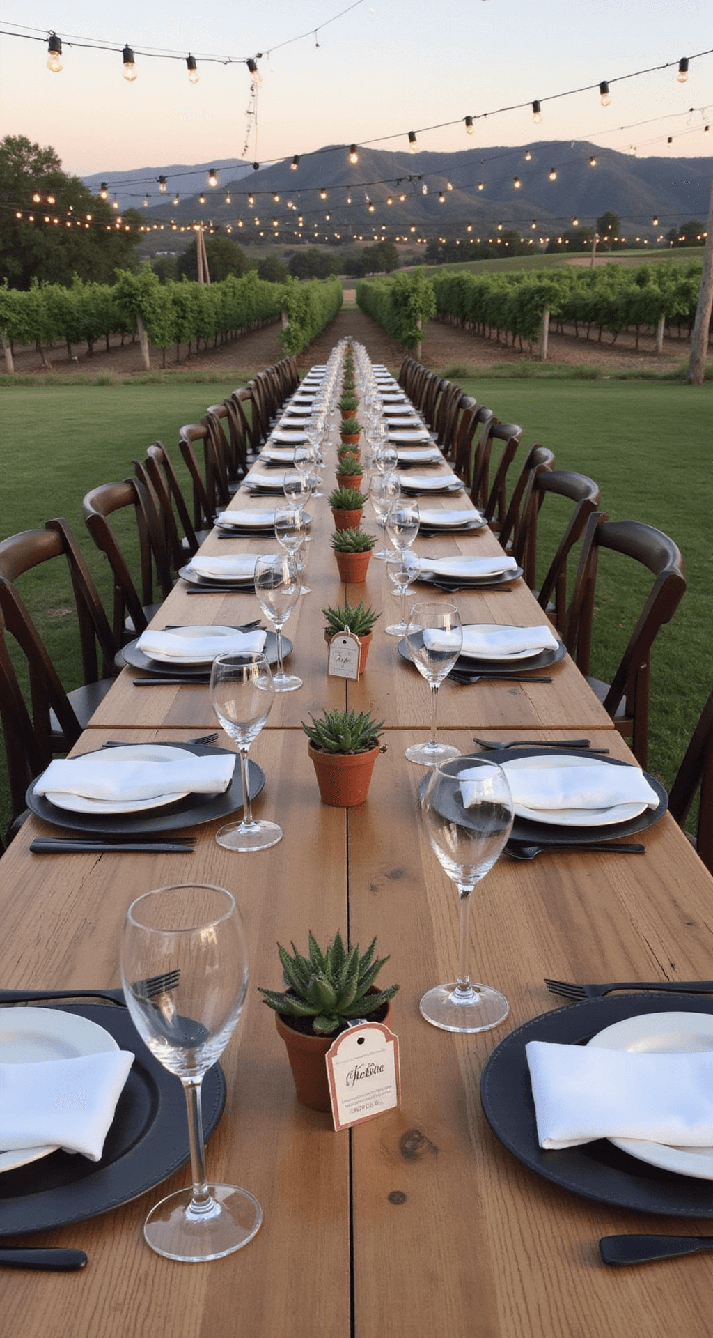 The Complete Guide to Minimalist Wedding Decor: Creating Elegance Through Simplicity An elegant outdoor wedding reception at sunset in a modern vineyard, featuring long wooden tables adorned with minimalist place settings of matte black flatware and white porcelain plates, illuminated by warm amber string lights, with small potted succulents as favors and scenic rolling vineyard hills in the background.