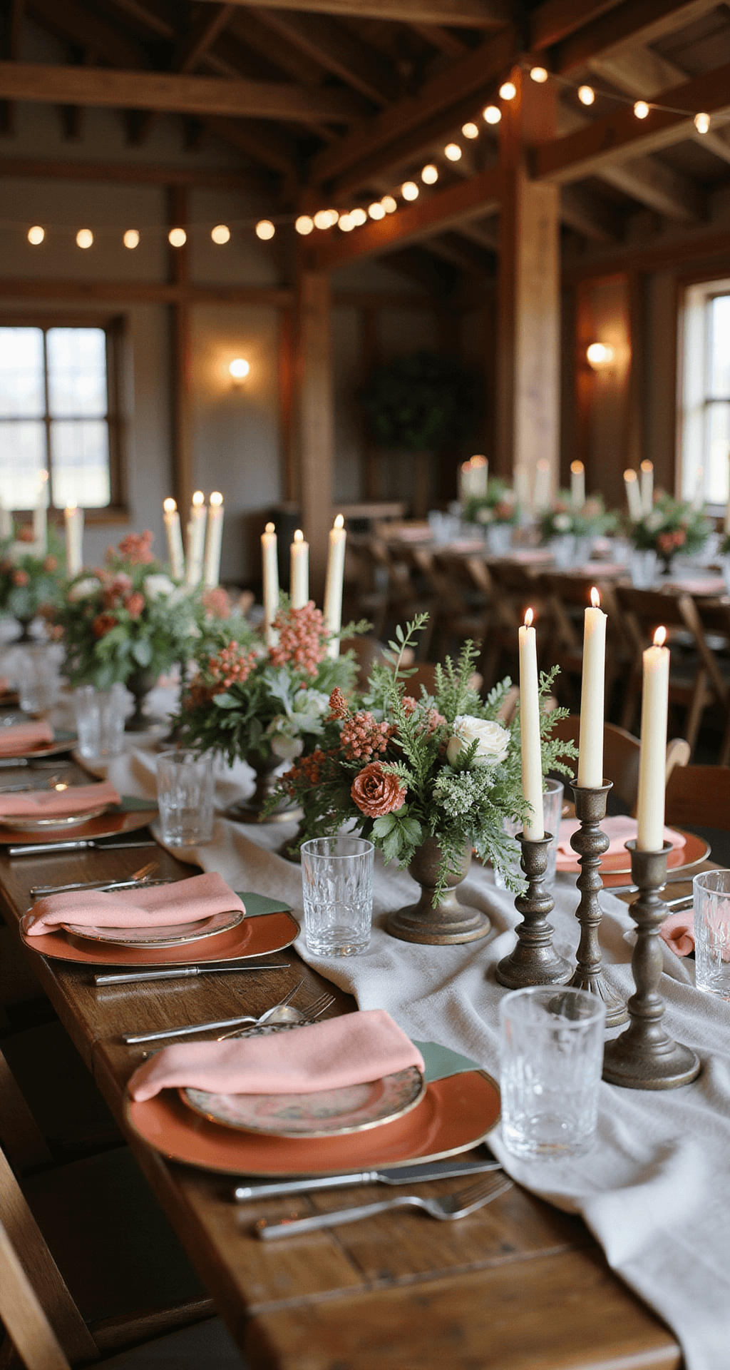 A rustic barn wedding reception featuring wooden tables with low floral arrangements of hypericum berries and eucalyptus in a terracotta and sage color palette, complemented by mismatched metallic candle holders and textured linen runners, all softly lit by warm candlelight.