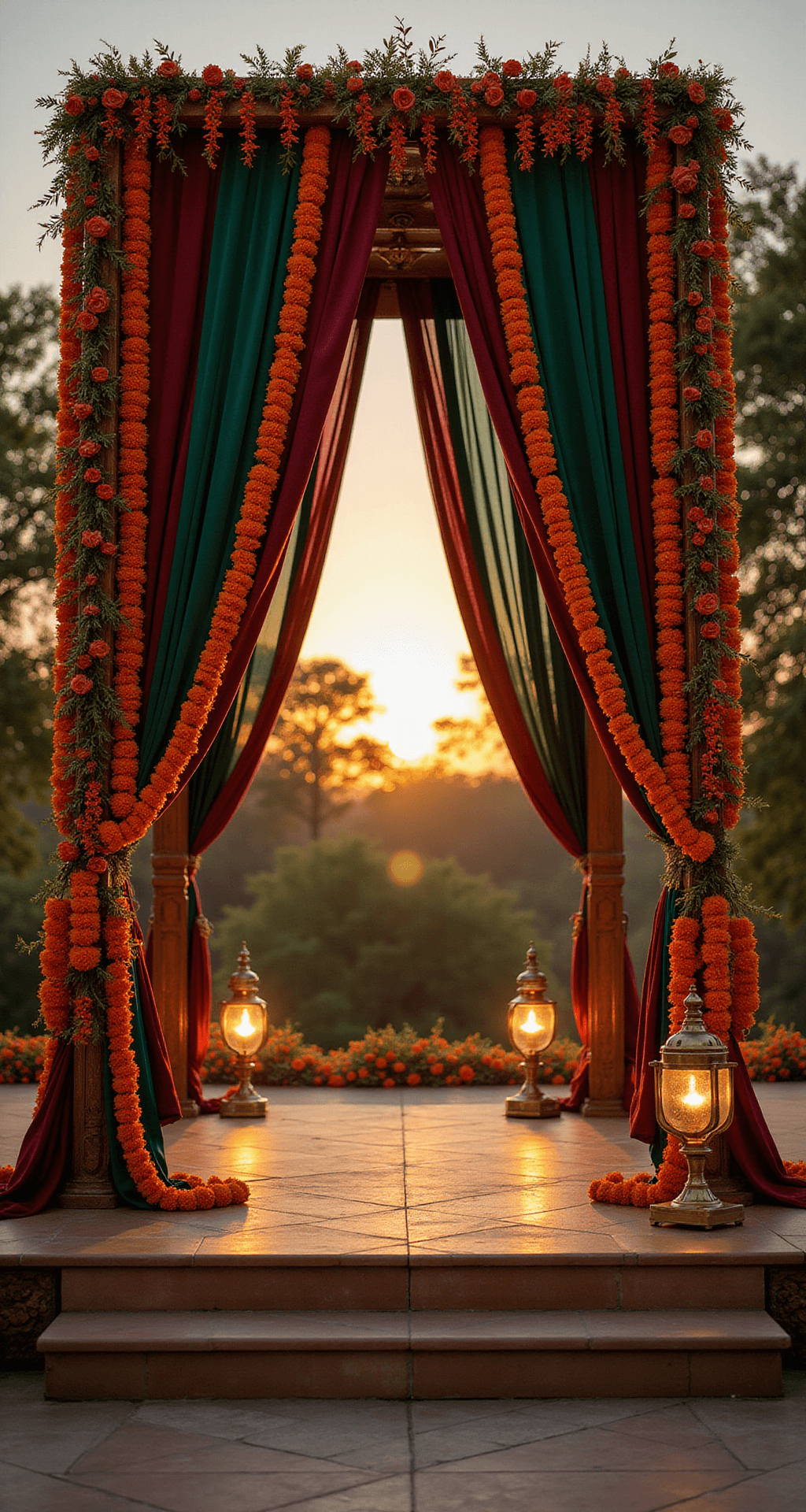 A beautifully designed Indian wedding mandap at golden hour, featuring deep maroon silk and emerald green velvet draped pillars adorned with marigold and jasmine garlands, illuminated by soft fairy lights and surrounded by brass lamps, creating a romantic and ethereal atmosphere.