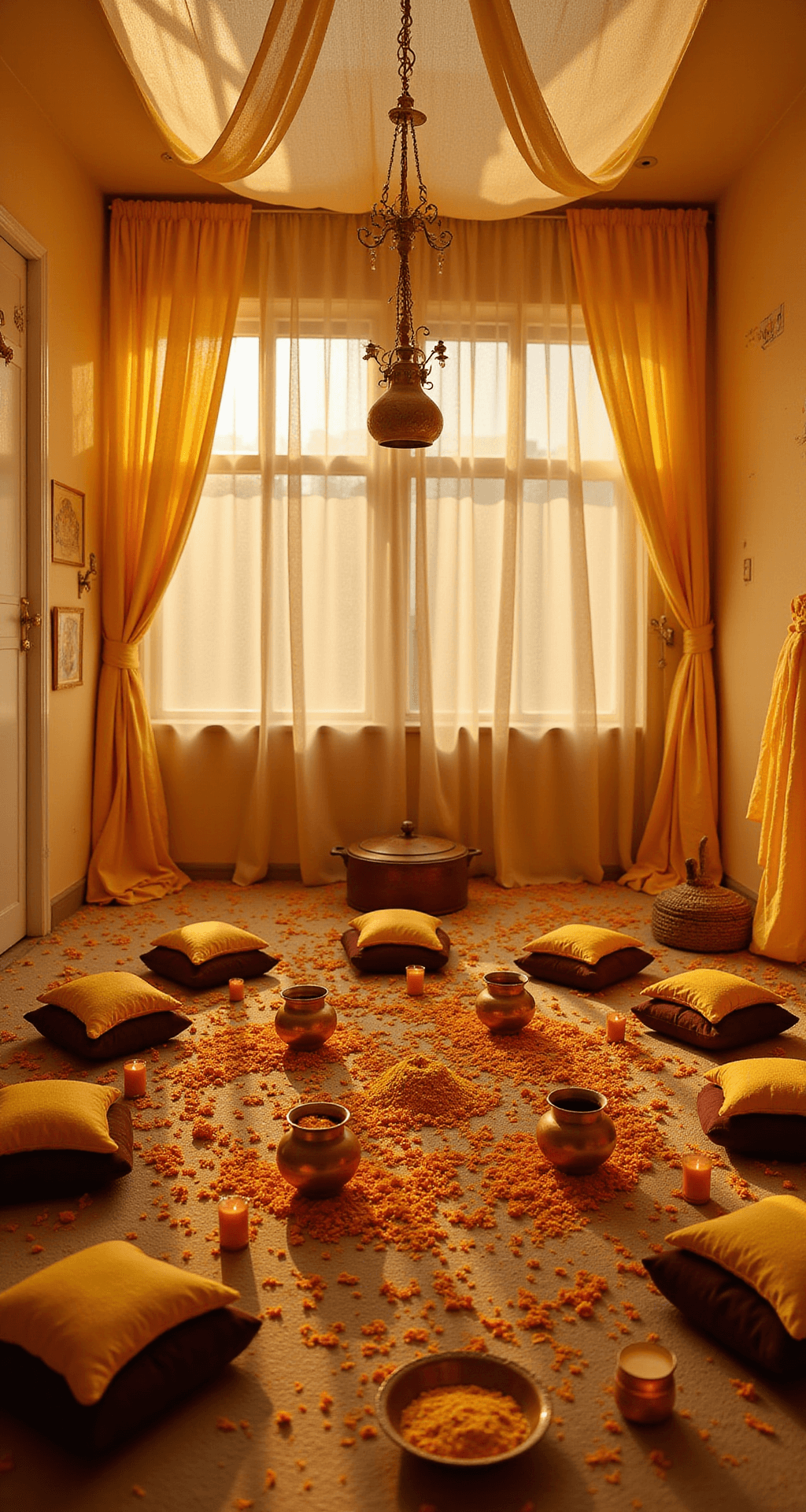 An intimate Haldi ceremony space with warm golden tones, featuring cream and yellow fabric drapes, brass copper pots of turmeric paste, marigold petals on the ground, low cushioned seating, and warm candlelight, embodying the joyful essence of the pre-wedding ritual.