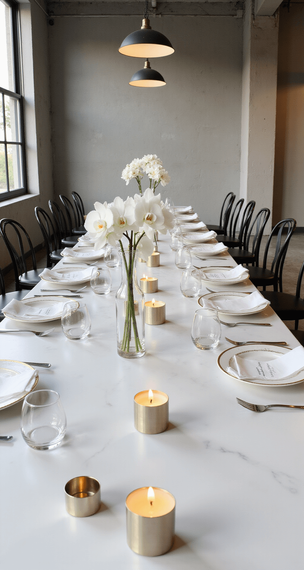 Thrifted Wedding Decor: How I Created a Stunning Celebration Without Breaking the Bank A modern minimalist wedding reception featuring a long white marble table with clear glass vases of white orchids, gold-rimmed plates, and sleek metal candle holders, set against concrete walls and large industrial windows in a monochromatic color palette.