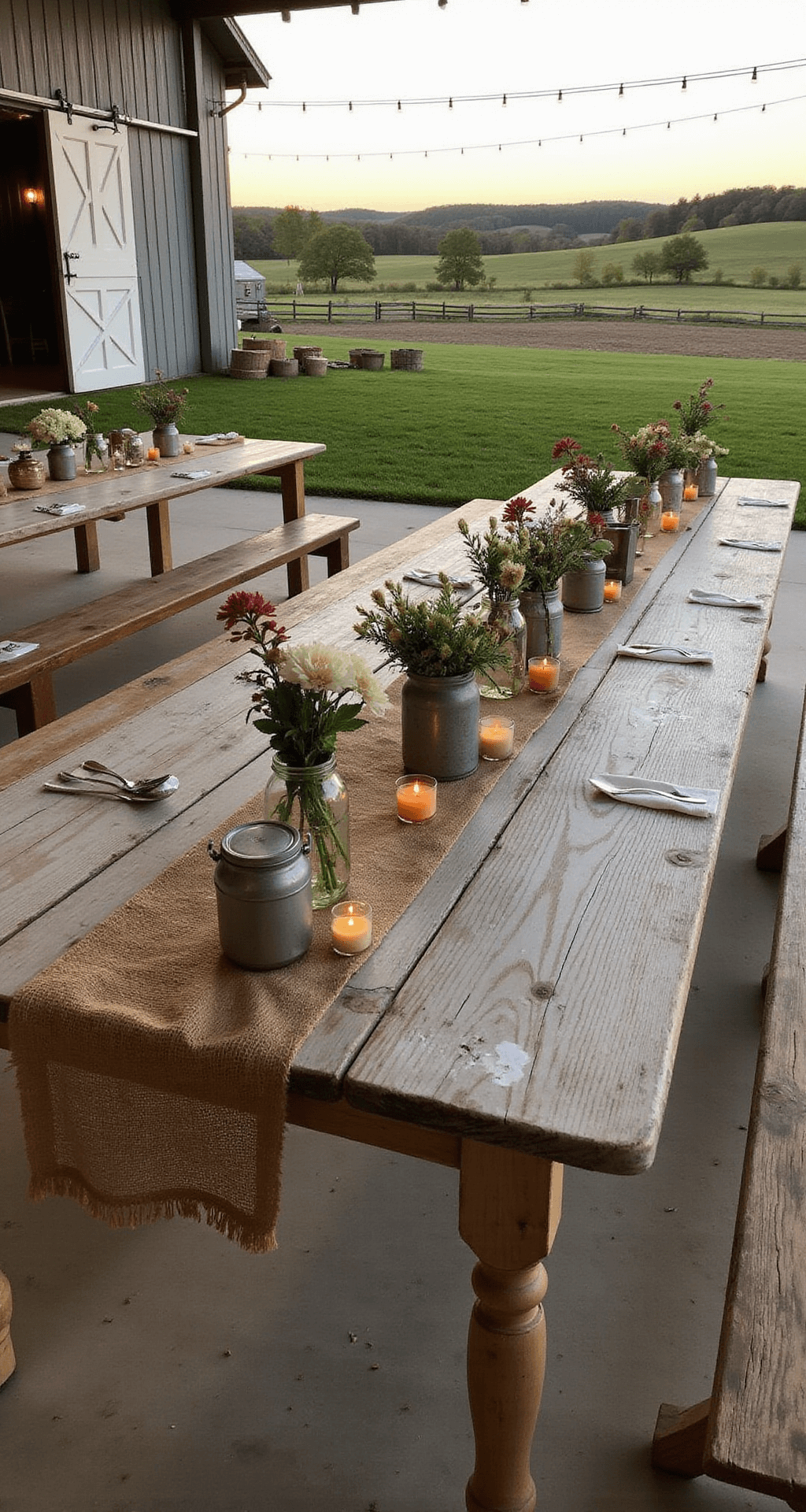 Thrifted Wedding Decor: How I Created a Stunning Celebration Without Breaking the Bank A rustic farmhouse wedding reception featuring weathered wooden tables adorned with mason jars of wildflowers, vintage metal milk buckets, burlap table runners, and mismatched cream-colored china, illuminated by string lights and bathed in soft evening light against a backdrop of barn doors and rolling green fields.