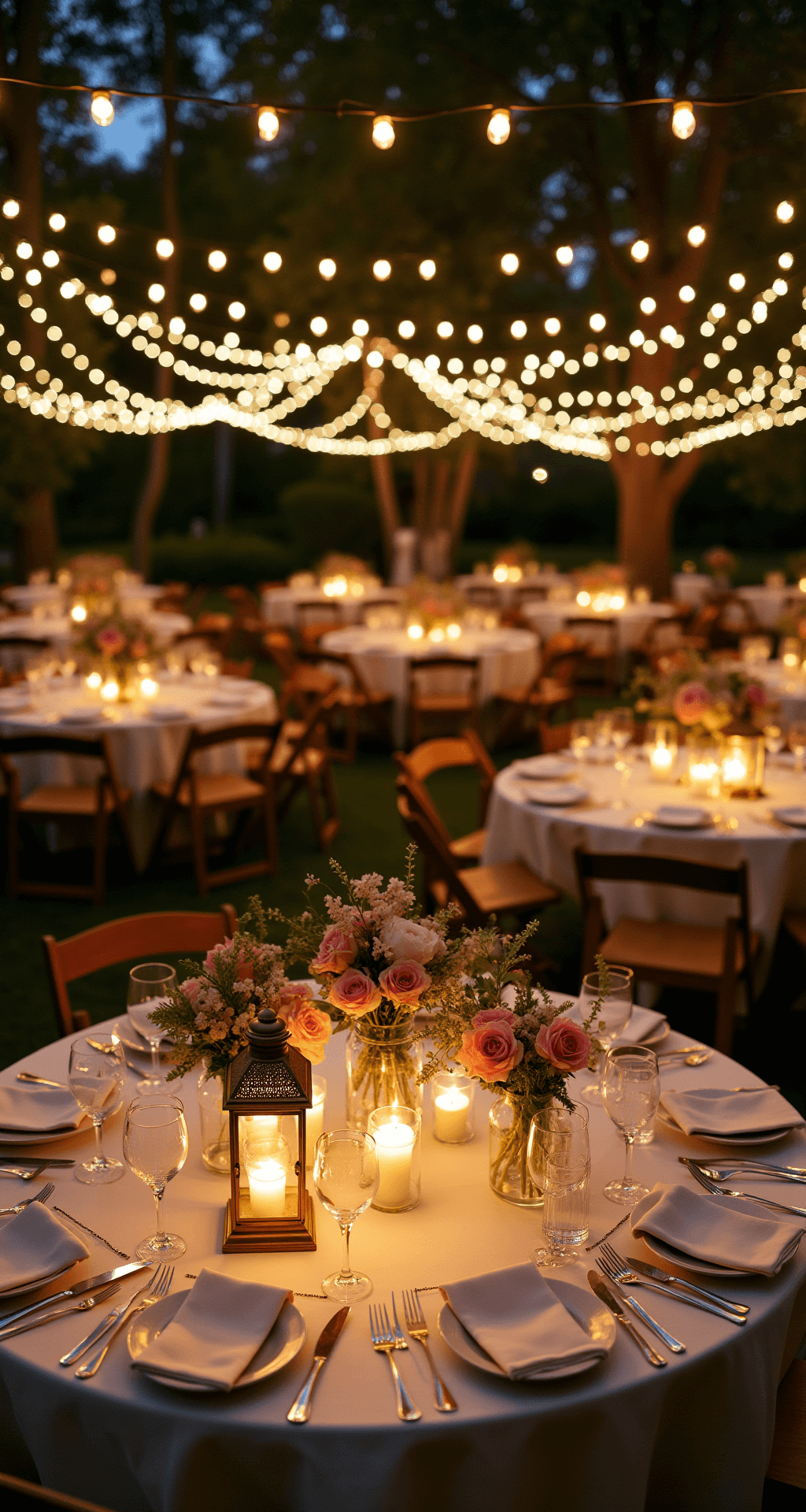 Night Wedding Decor Ideas: Transform Your Evening Celebration Into Pure Magic Overhead view of a magical nighttime garden wedding reception with warm string lights overhead, round tables adorned with ivory linens, vintage brass lanterns, and ethereal centerpieces of floating tea lights and blush roses, creating a romantic atmosphere.