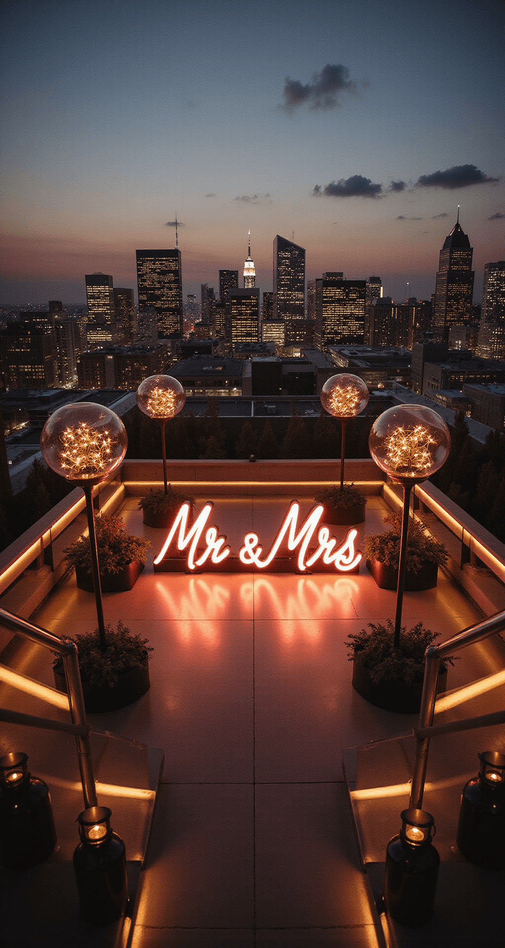 Night Wedding Decor Ideas: Transform Your Evening Celebration Into Pure Magic Cinematic overhead view of an urban rooftop wedding at golden hour, featuring sleek contemporary design with geometric gold LED lighting, a neon 'Mr & Mrs' sign, elevated glass orbs with fairy lights, black metal lanterns, and a panoramic city skyline backdrop.
