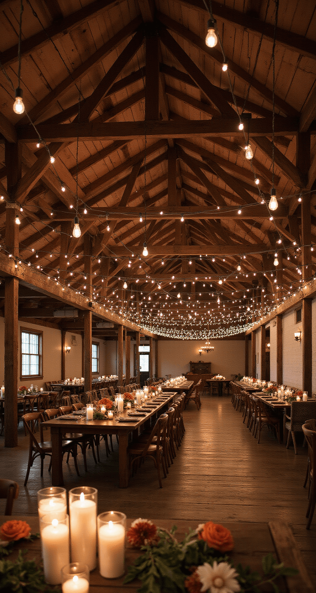 Night Wedding Decor Ideas: Transform Your Evening Celebration Into Pure Magic Intimate indoor wedding reception in a rustic barn with exposed wooden beams, featuring warm string lights, clustered pillar candles, seasonal floral arrangements in terracotta and sage tones, vintage lanterns, and amber uplighting creating a romantic atmosphere.