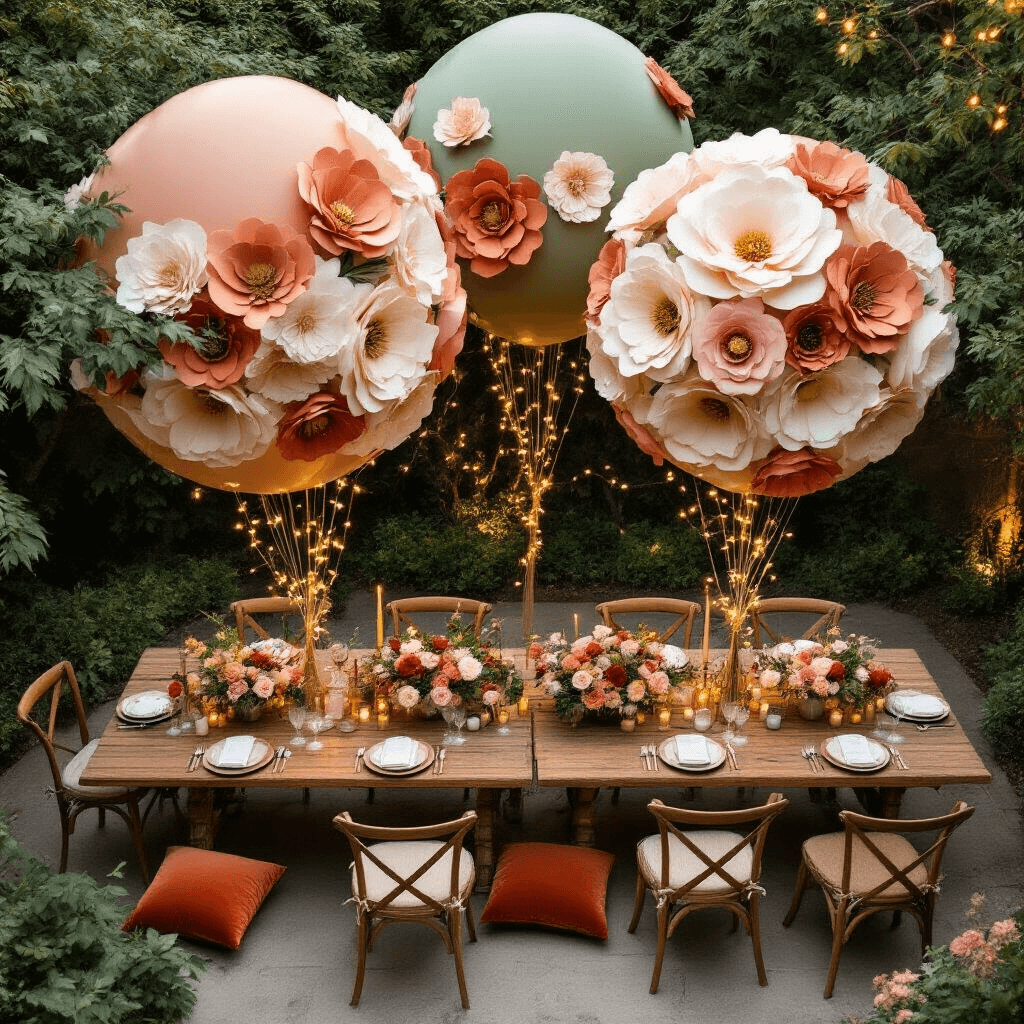 Floral Balloons: Bringing Botanical Elegance to Your Celebrations Overhead view of a luxurious garden party featuring large floral balloons, rustic wooden tables adorned with terracotta and sage flower-shaped balloons, fresh botanical centerpieces, fairy lights, velvet cushions, and ceramic tableware.