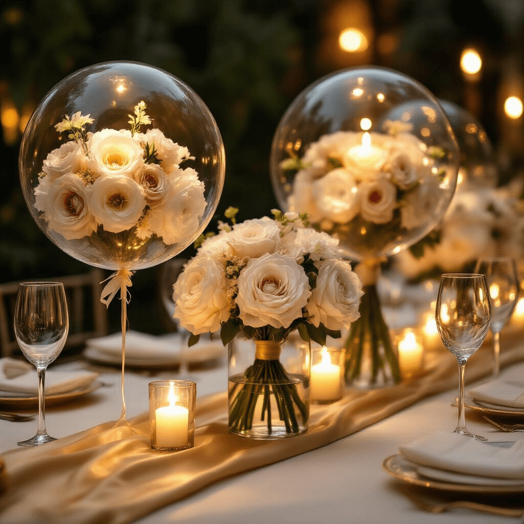 Floral Balloons: Bringing Botanical Elegance to Your Celebrations Close-up of transparent bubble balloons containing faux flower bouquets as centerpieces on candlelit dining tables, featuring silk runners and elegant glassware in a gold and ivory color scheme.