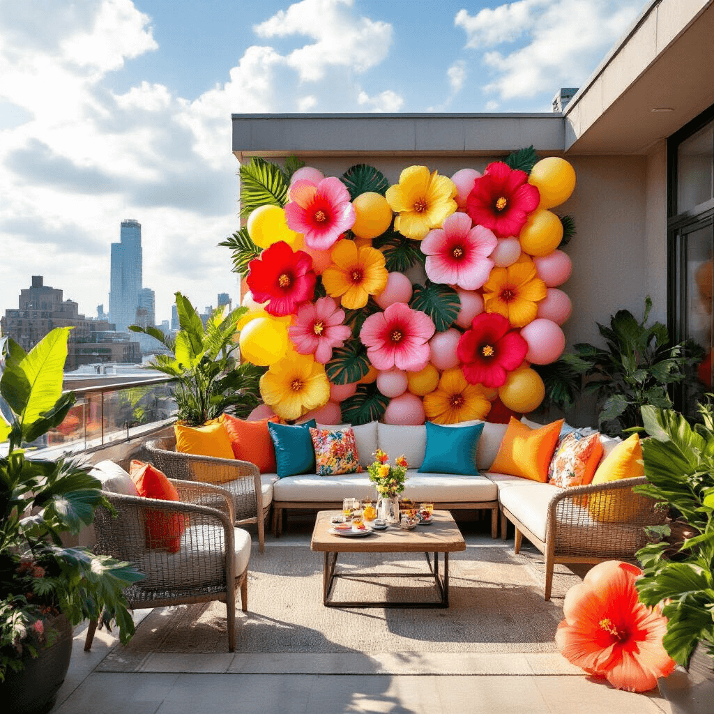 Floral Balloons: Bringing Botanical Elegance to Your Celebrations A vibrant rooftop terrace party featuring a creative balloon wall with tropical hibiscus designs, contemporary furniture, and 3D flower balloon displays. Dramatic midday shadows enhance the festive atmosphere, complemented by personalized signage and bold primary colors.