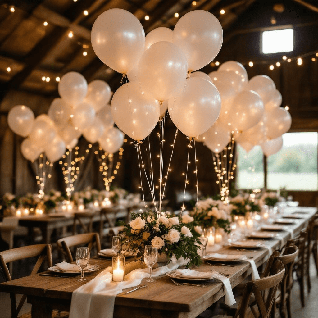 Bobo Balloons: Everything You Need to Know About These Clear Party Showstoppers Intimate wedding reception in a rustic barn with warm candlelight, clear bobo balloons illuminated by soft white LEDs, lush greenery centerpieces, delicate white rose petals, and cascading satin ribbons in ivory and blush, creating an ethereal atmosphere.