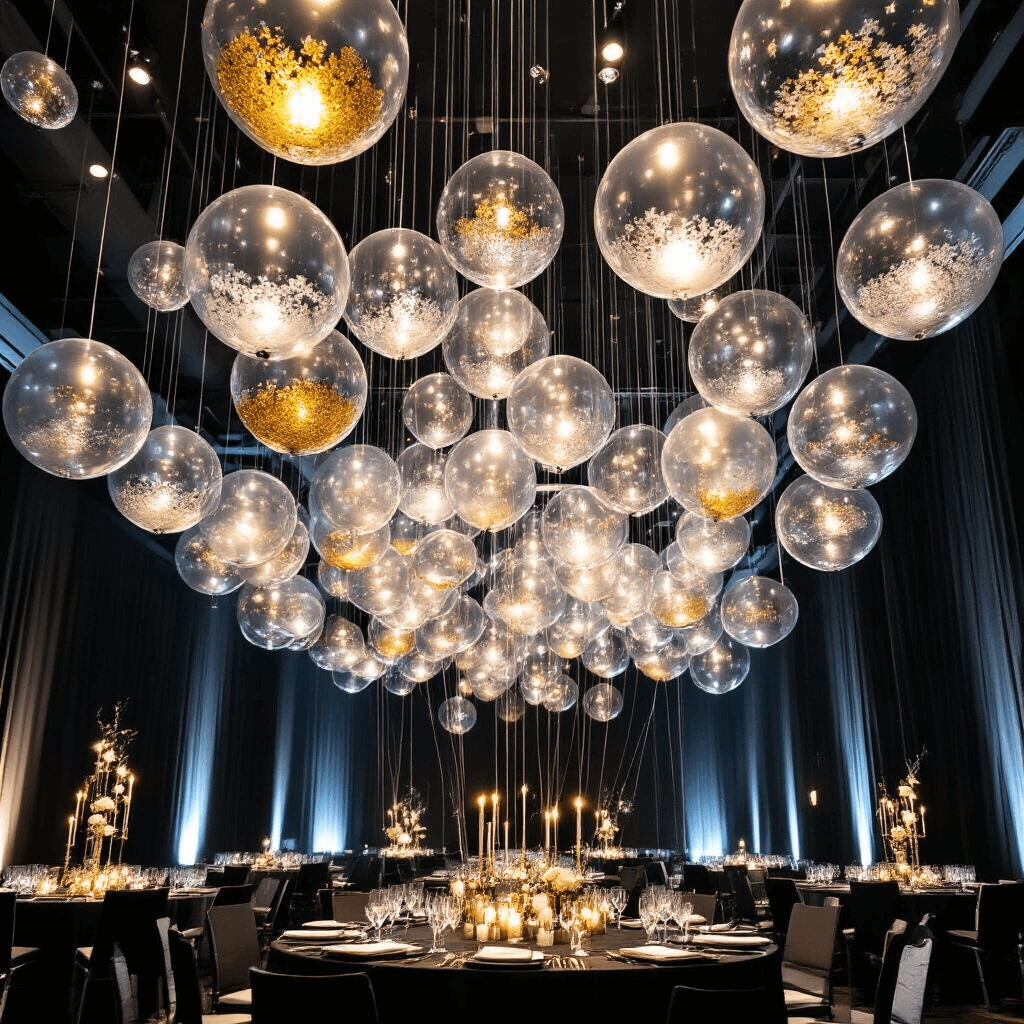 Bobo Balloons: Everything You Need to Know About These Clear Party Showstoppers A sophisticated New Year's Eve corporate event featuring a dramatic ceiling installation of clear balloons filled with silver and gold glitter, suspended at varying heights with invisible fishing line. The sleek black and metallic decor, enhanced by strategic lighting, creates dramatic shadows, showcasing architectural precision and modern elegance in a cinematic wide-angle view.