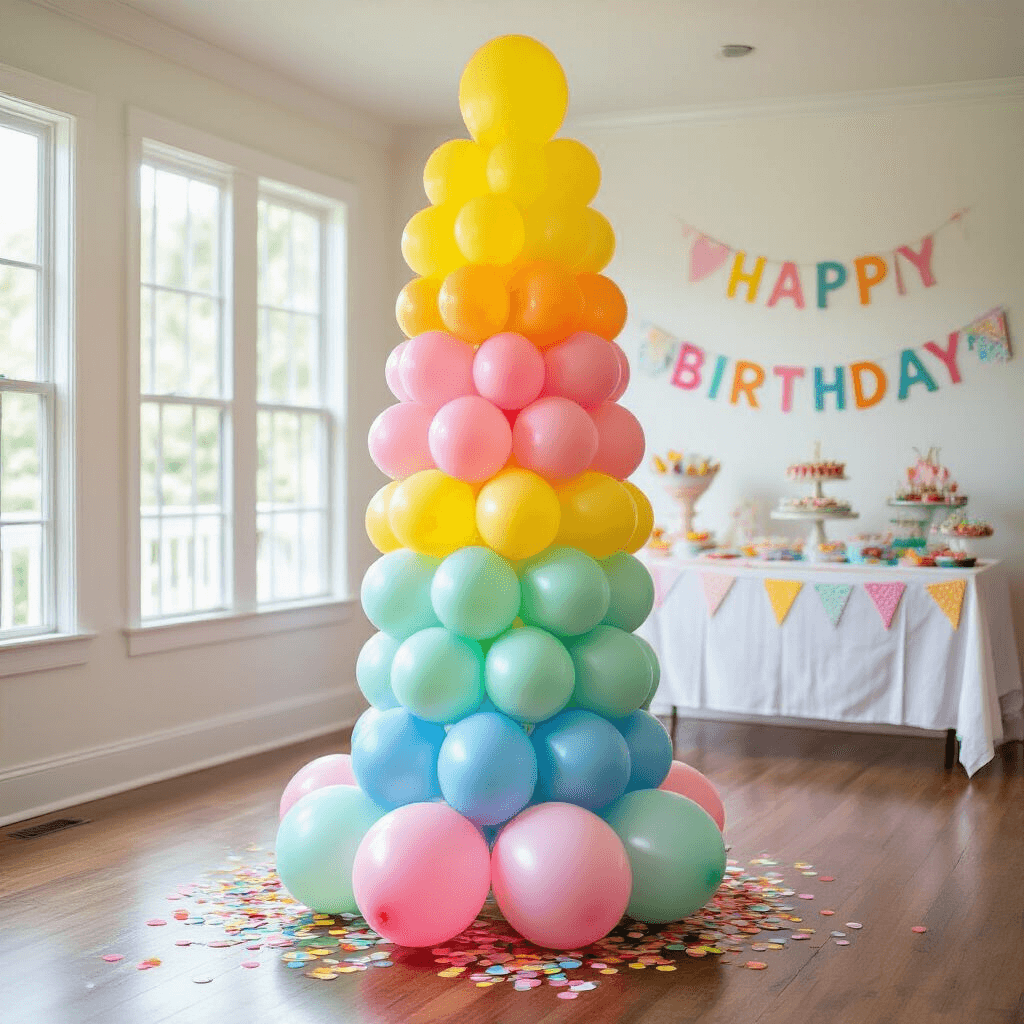 Ice Cream Balloons That'll Make Your Party the Sweetest Thing Ever A vibrant children's birthday party scene featuring a towering rainbow-themed balloon ice cream cone column in yellow, pink, mint green, and blue. The balloon installation, approximately 6 feet tall, is adorned with colorful tissue paper confetti 'sprinkles' and red pom-pom 'cherries,' creating a whimsical atmosphere. The backdrop includes a cheerful birthday banner and a dessert table in a bright, airy living room with white walls and natural wood floors.