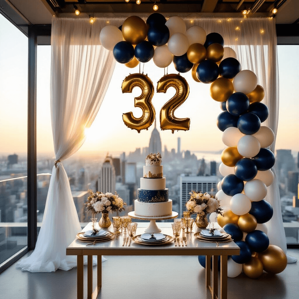 17 Balloons: Everything You Need to Know About Creating Stunning Party Displays A luxurious 17th birthday party setup on a modern rooftop at golden hour, featuring metallic navy and gold number balloons, a three-tier cake on a styled dessert table, elegant balloon arch, fairy lights, sheer drapery, and a stunning city skyline view through floor-to-ceiling windows, all captured from a cinematic overhead angle.