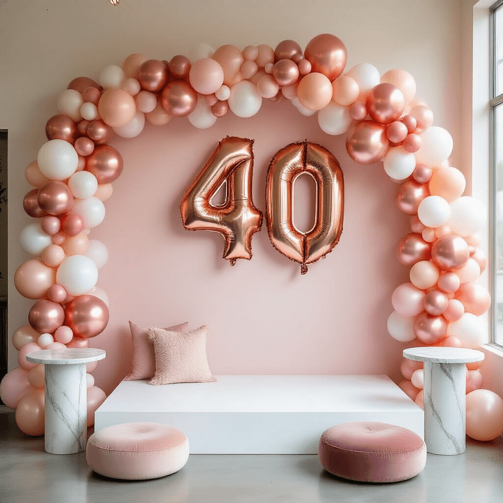 17 Balloons: Everything You Need to Know About Creating Stunning Party Displays A beautifully styled photo zone featuring metallic rose gold number balloons, a blush pink and white backdrop, and a curated balloon garland, complemented by modern white platform seating and soft lighting.
